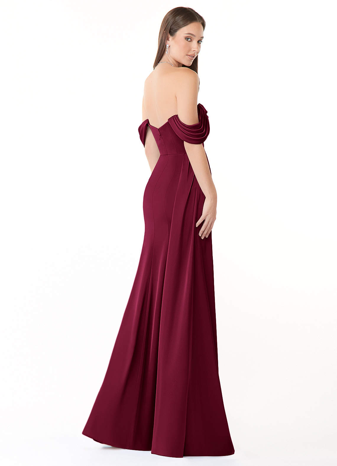 Azazie Amyra At-home Try On Dresses Burgundy Mermaid Off the Shoulder Stretch Satin Convertible Dress image4