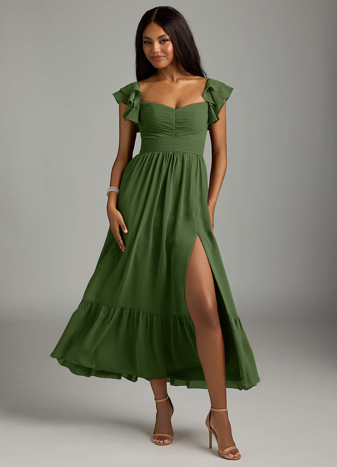 Azazie Anaya Bridesmaid Dresses Olive A-Line Pleated Chiffon Dress image1