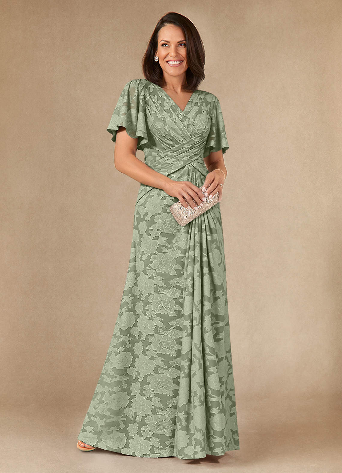 Azazie Emmeline vestidos de madre de la novia Vestido de Agave de Devorado Floral de Corte En A con Plisado image1