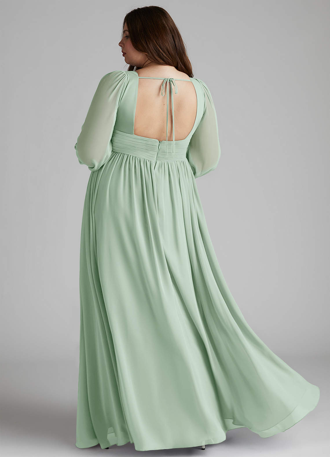 Azazie Norah Bridesmaid Dresses Agave A-Line V-Neck Long Sleeve Chiffon Dress image6