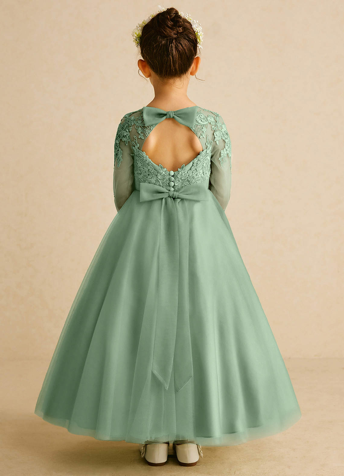 Azazie Precious Flower Girl Dresses Matcha A-Line Lace Tulle Dress image1