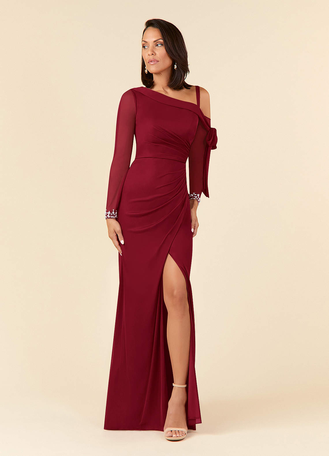 Azazie Marna Mother of the Bride Dresses Burgundy Sheath One Shoulder Mesh Dress image1