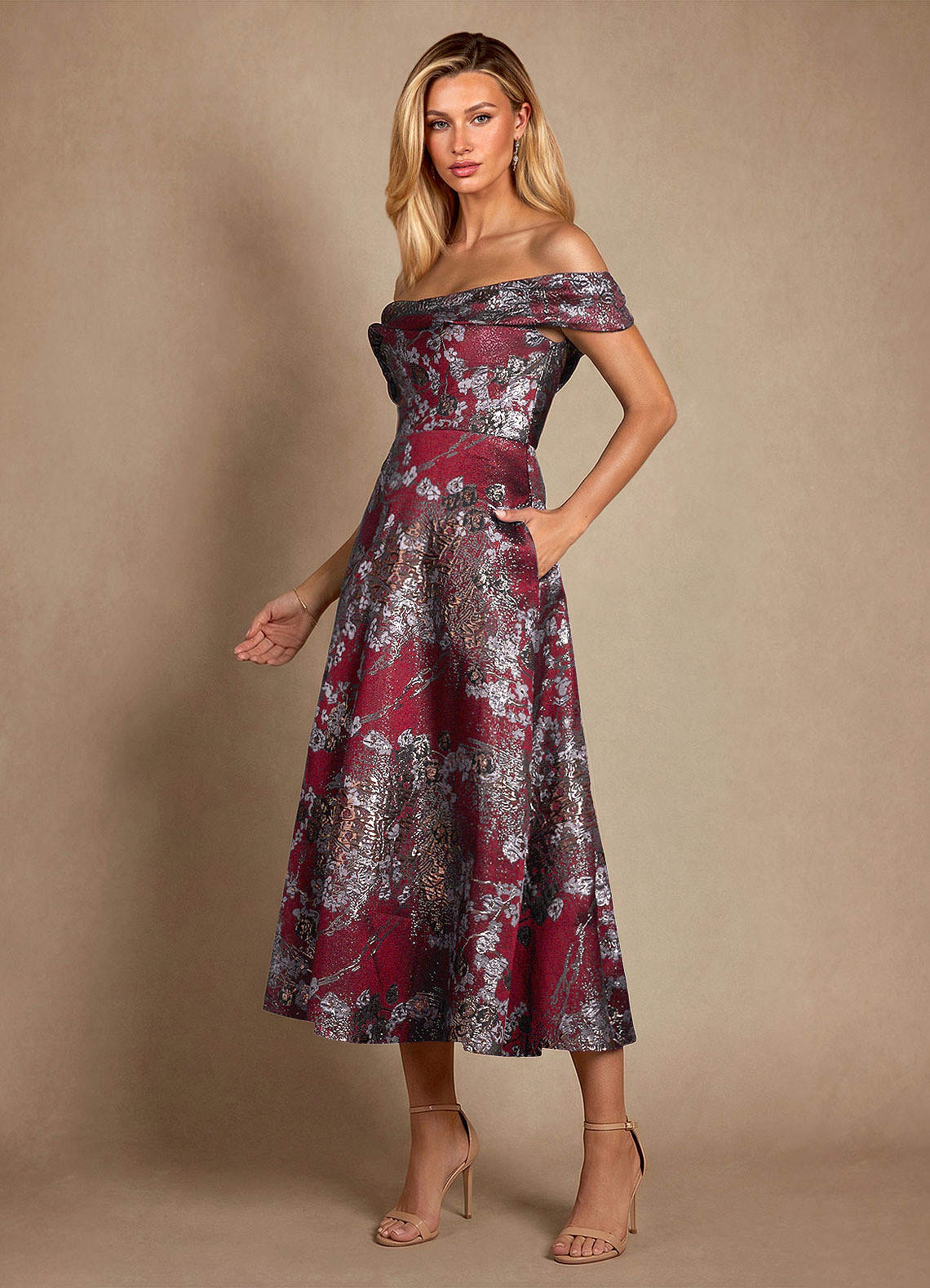 Azazie Maricela Endeligt salg A-Line Off-Shoulder Jacquard Te-længde Kjole image1