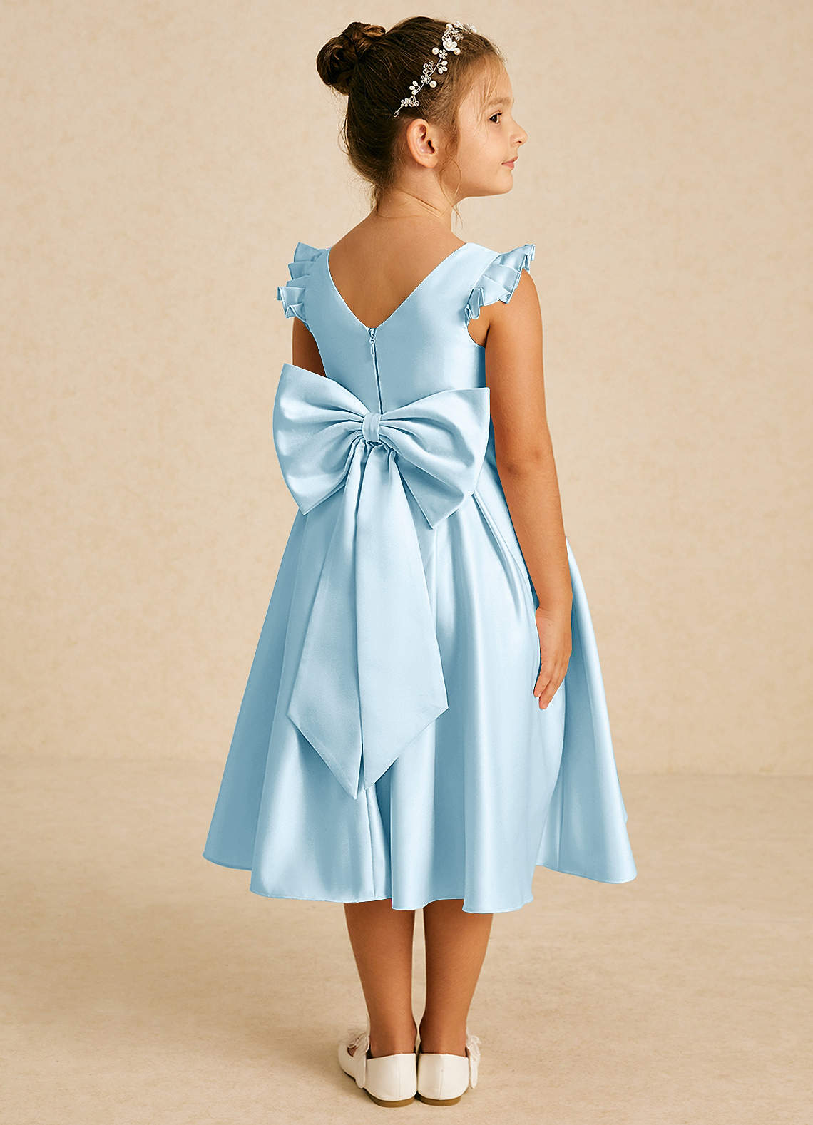 Azazie Francine Robe Demoiselle D'honneur Fillette Robe Trapèze en Mat Satiné Arc Bleu Ciel image1