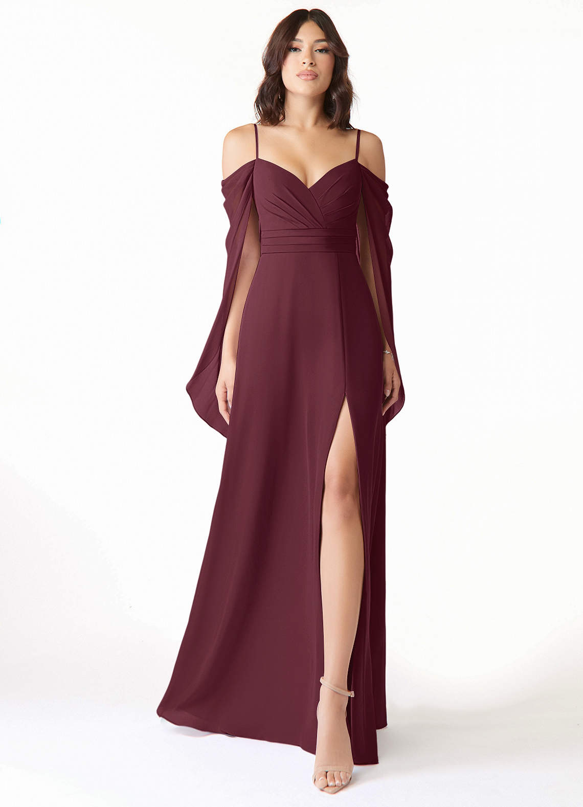 Azazie Cienna Bridesmaid Dresses Cabernet A-Line Off the Shoulder Chiffon Dress image1