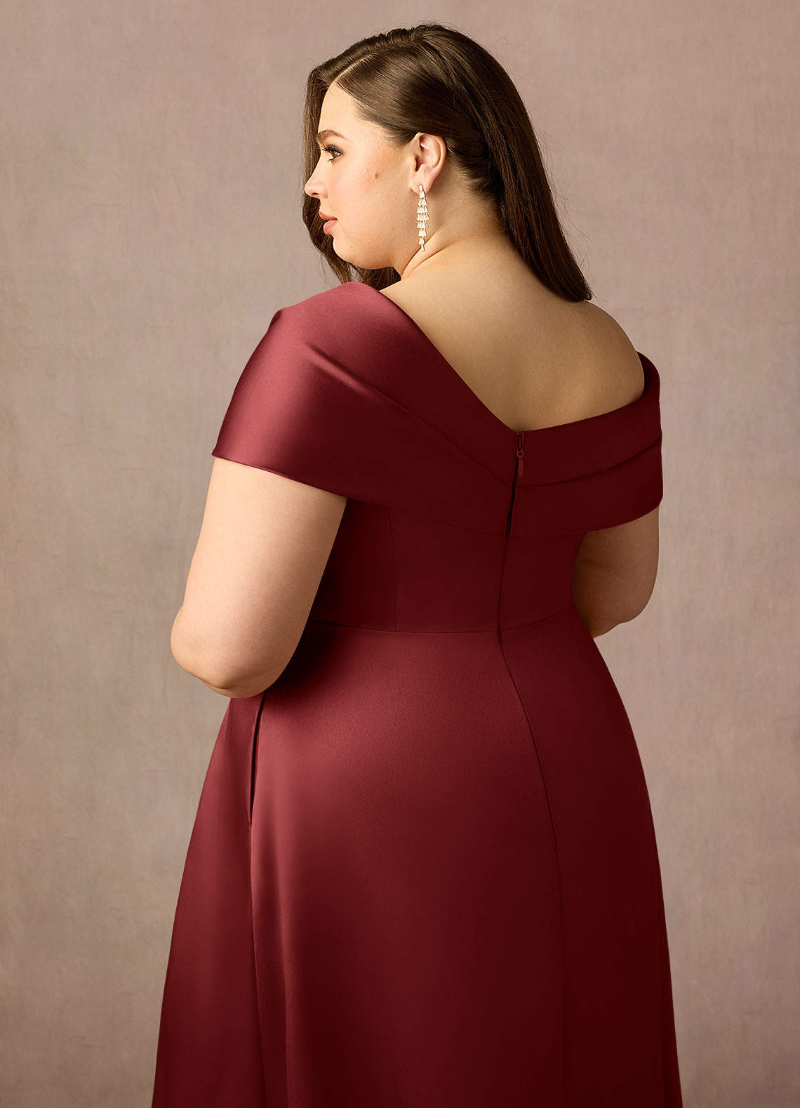 Azazie Marissa At-home Try On Dresses Burgundy A-Line Pleated  Mikado Dress image12