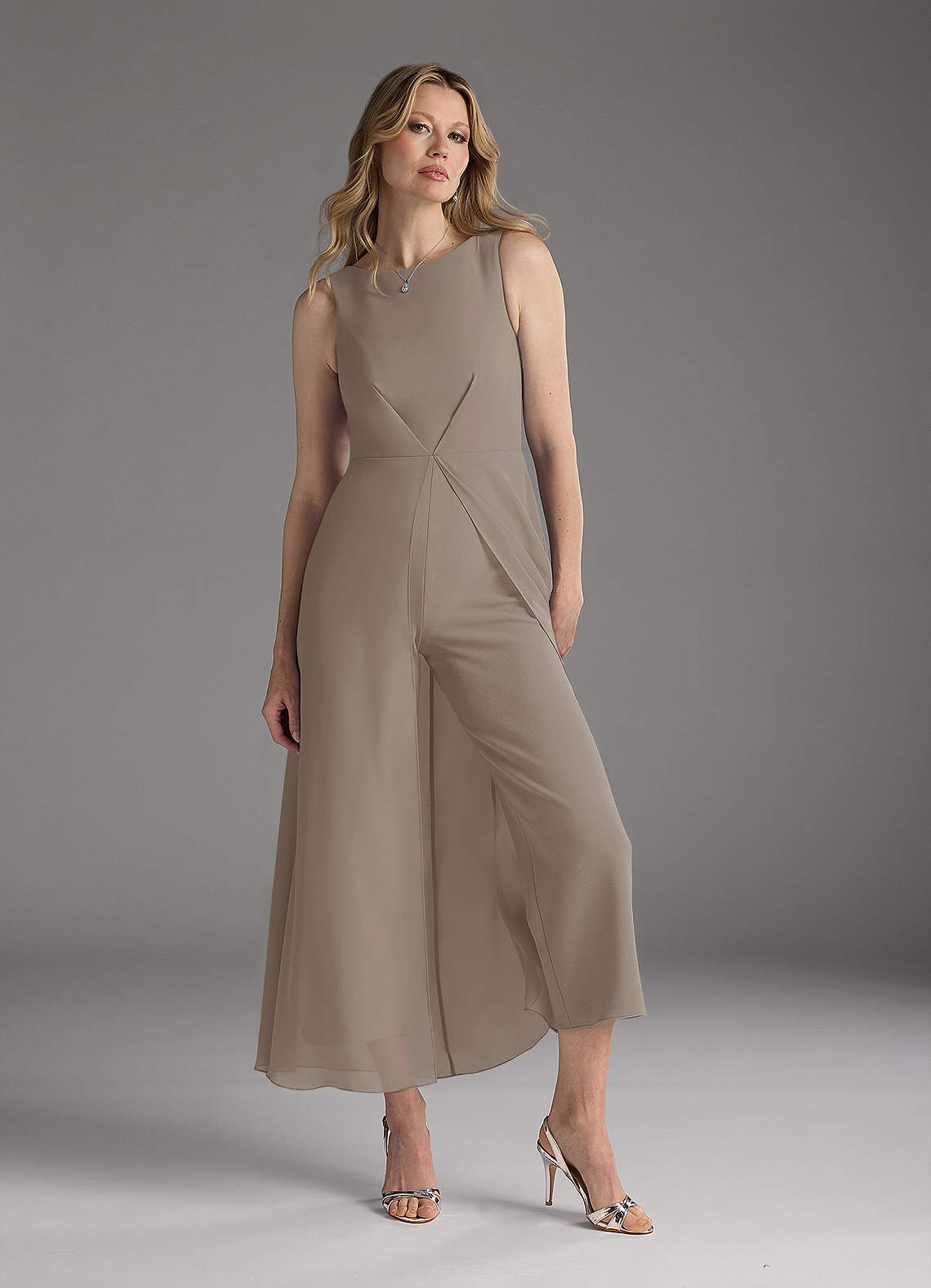 Azazie Anitta Mother of the Bride Dresses Taupe Jumpsuit/Pantsuit Pleated Stretch Crepe Dress image1