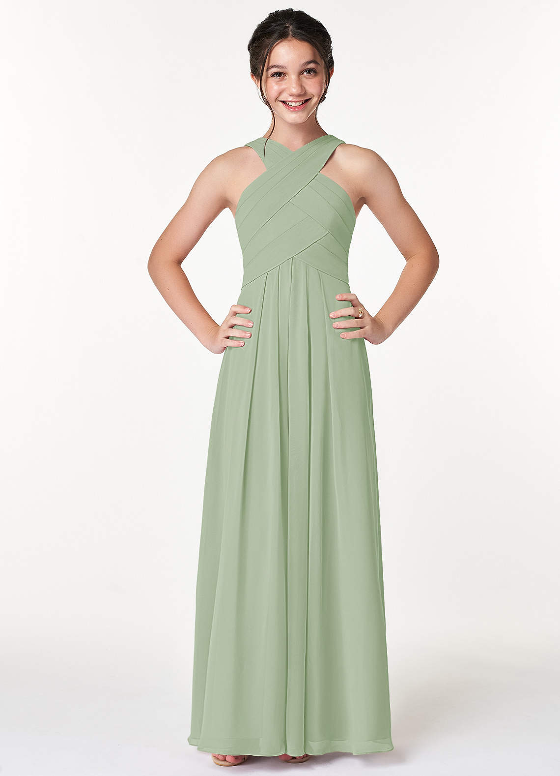 Azazie Kaleigh Junior Vestido de Salvia Polvorienta de Gasa de Corte en A con Plisado image1