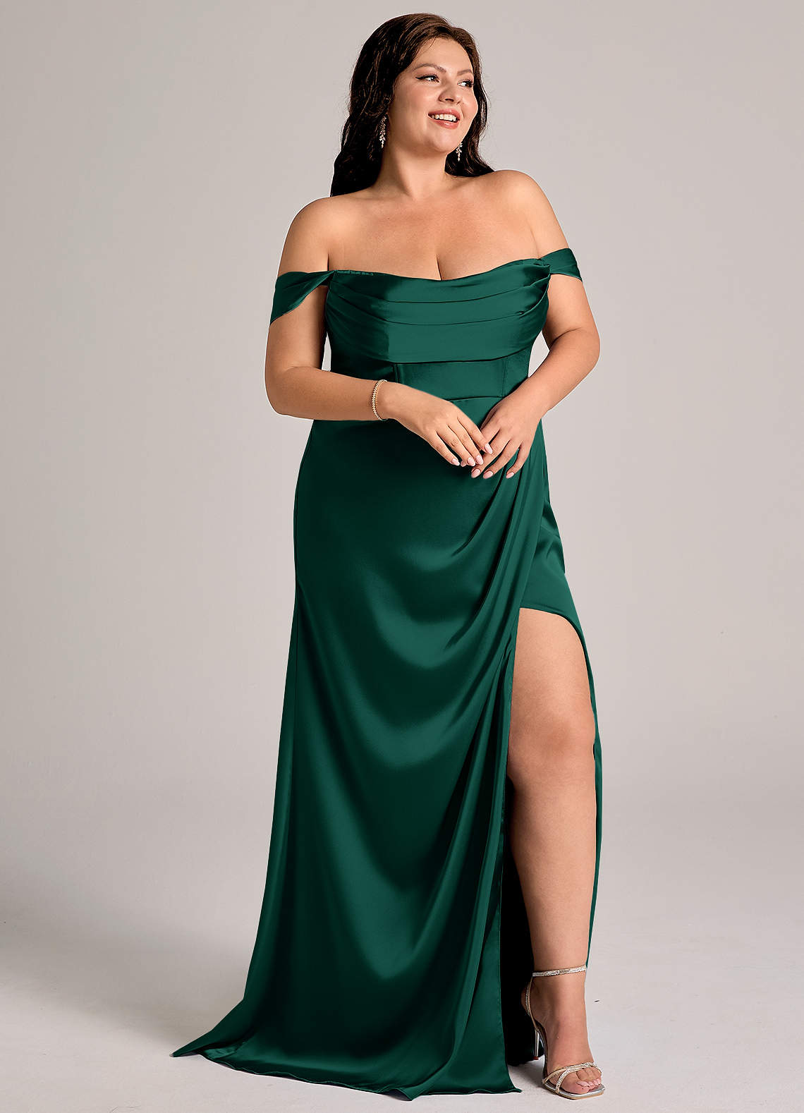Azazie Johana Bridesmaid Dresses Emerald Mermaid Off the Shoulder Stretch Satin Convertible Dress image10