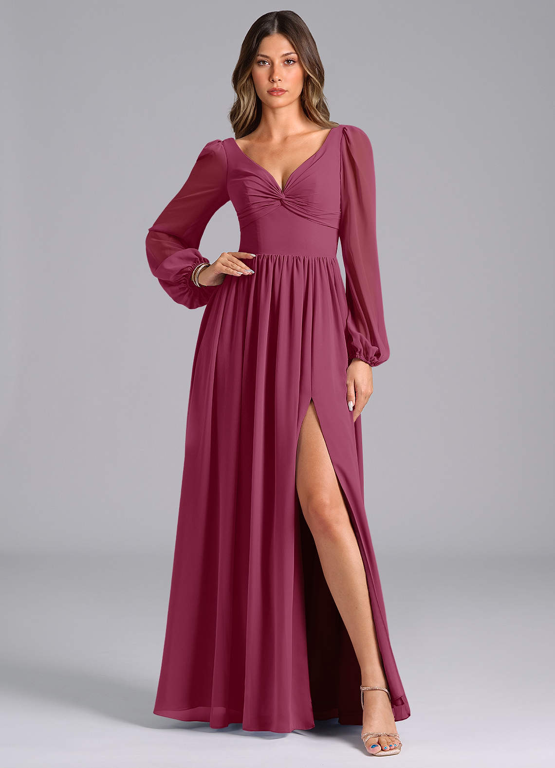 Azazie Zeya Bridesmaid Dresses Mulberry A-Line Long Sleeve Chiffon Dress image1