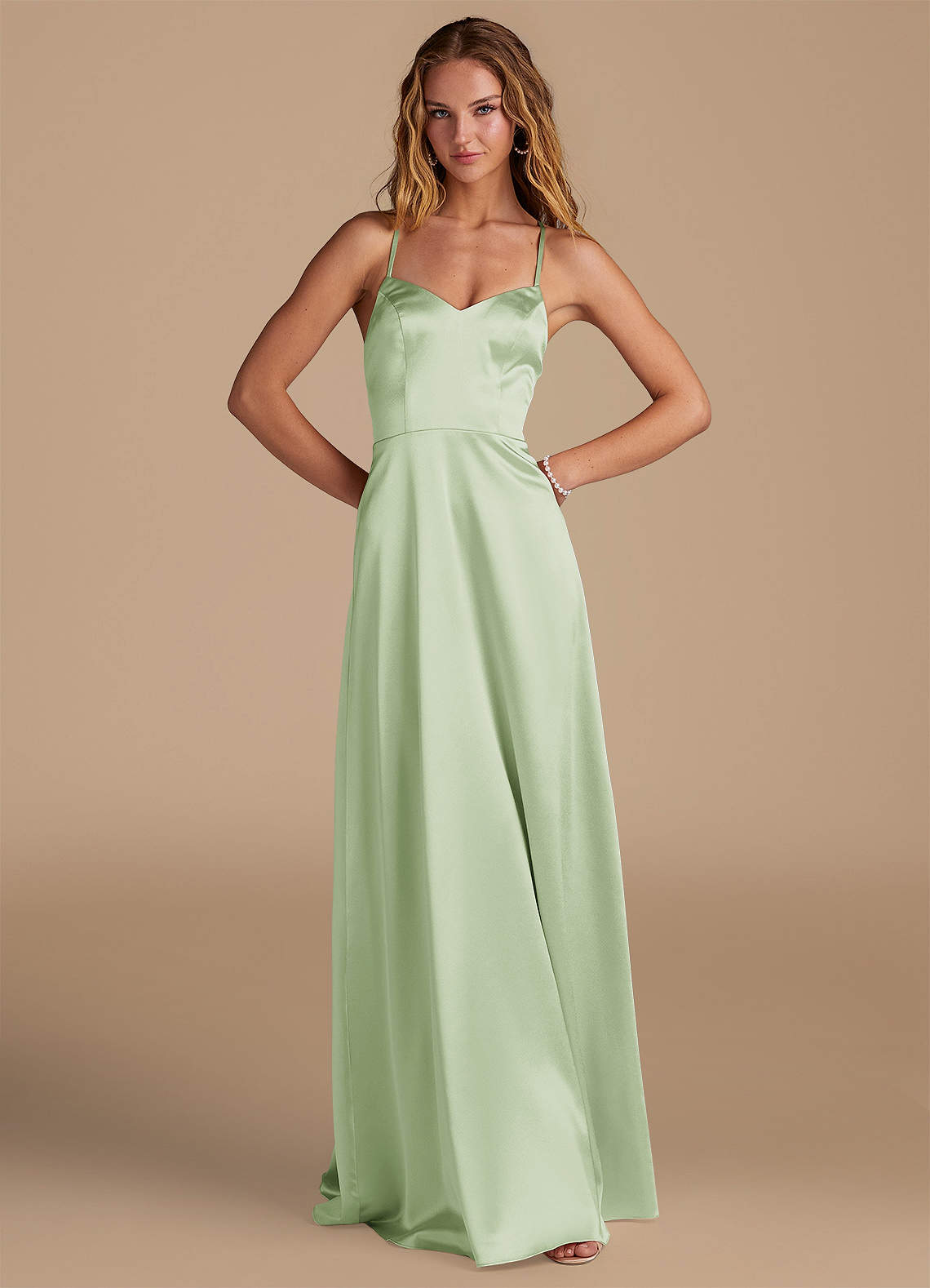 Azazie Mei Bridesmaid Dresses Dusty Sage A-Line Metallic Satin Dress image1