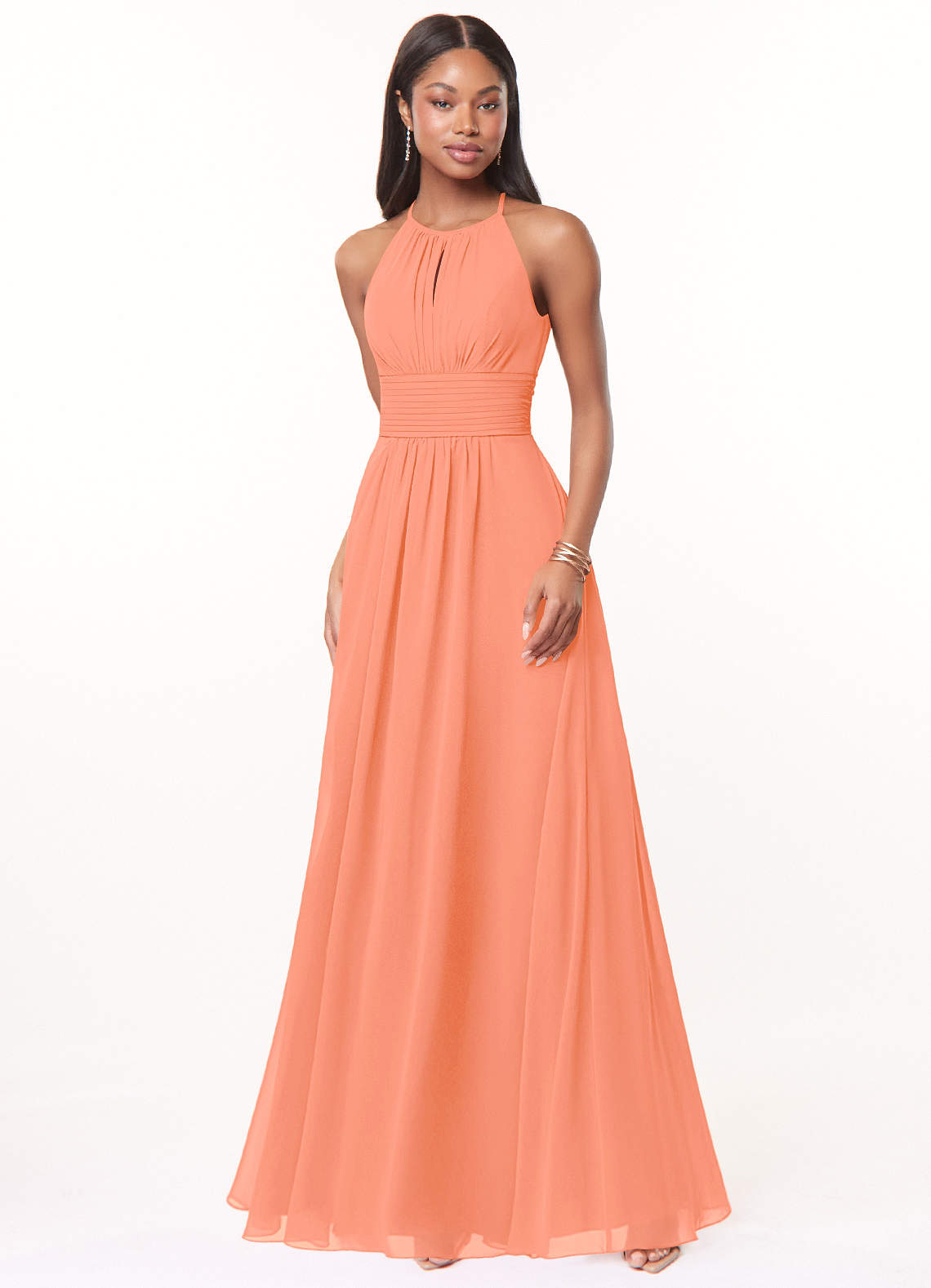 Azazie Bonnie Robes de demoiselle d'honneur Robe Trapèze en Mousseline de soie Trou de serrure froncé Coucher De Soleil image1