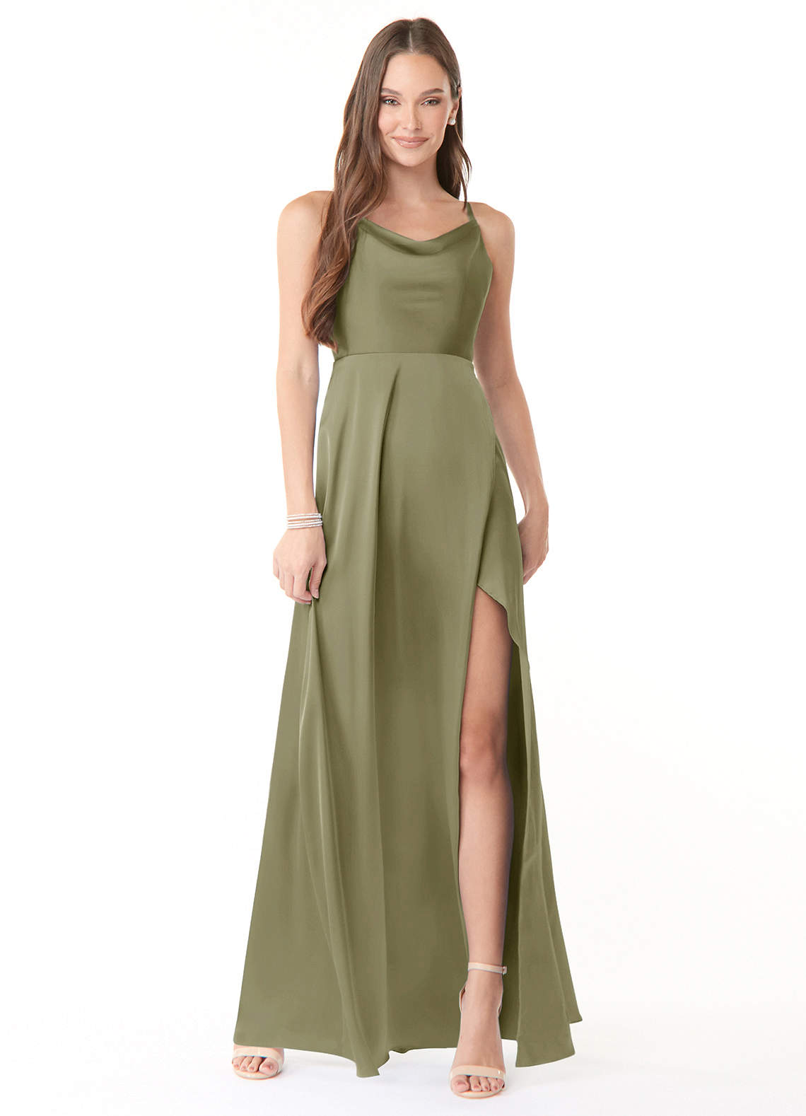 Azazie Naomie Bridesmaid Dresses Pistachio A-Line Cowl Neckline Side Slit Stretch Satin Dress image1