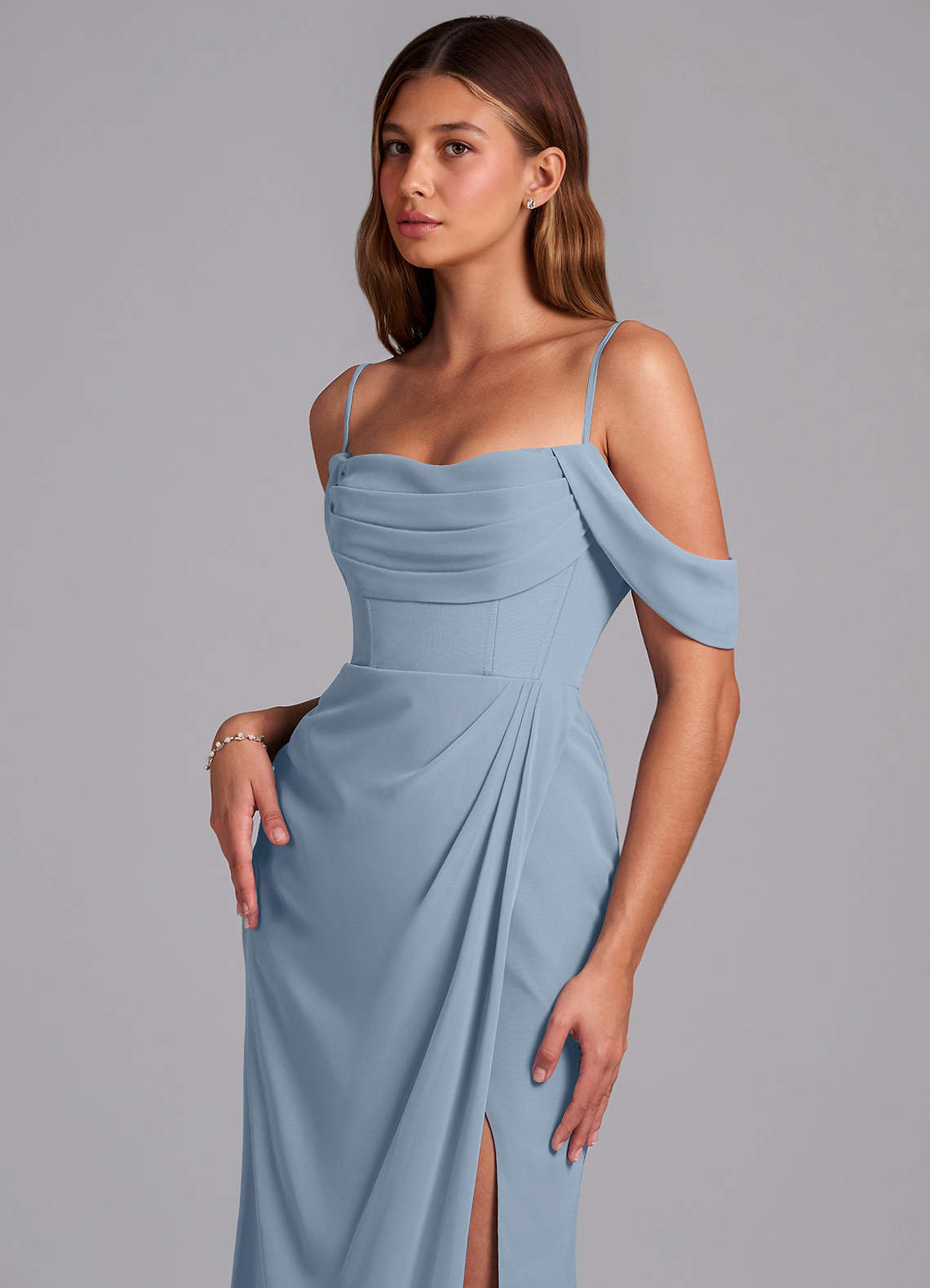 Azazie Johana Bridesmaid Dresses Dusty Blue Mermaid Off the Shoulder Chiffon Convertible Dress image4