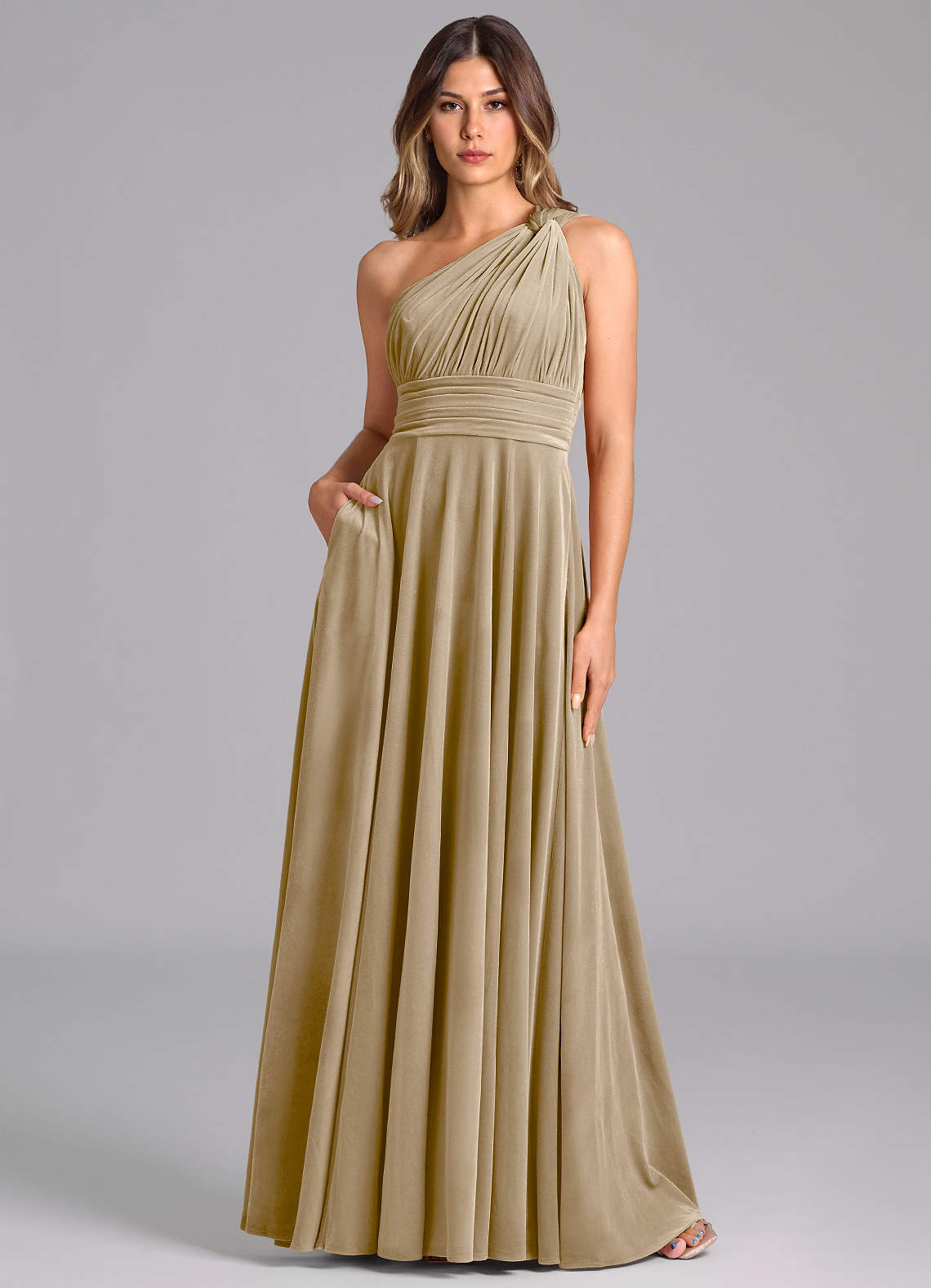 Azazie Charlize Bridesmaid Dresses Golden Tan A-Line One Shoulder Velvet Dress image1