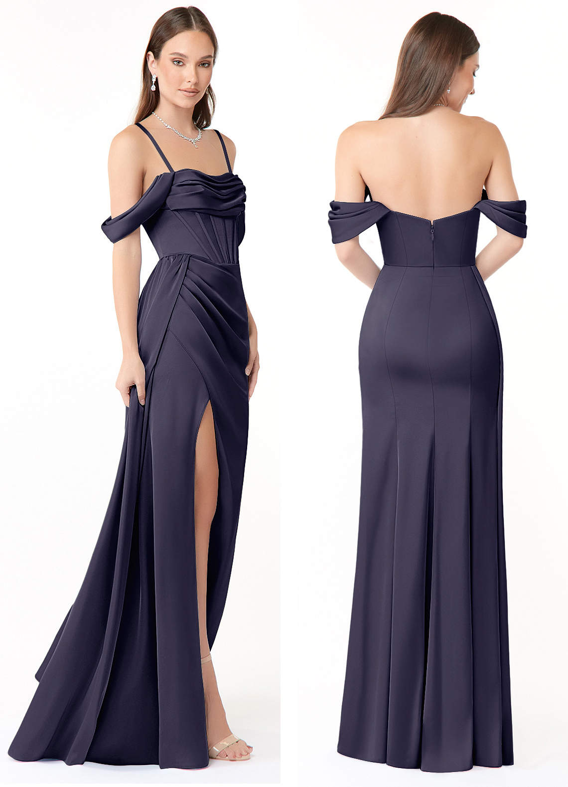 Azazie Amyra Bridesmaid Dresses Stormy Mermaid Off the Shoulder Stretch Satin Convertible Dress image7