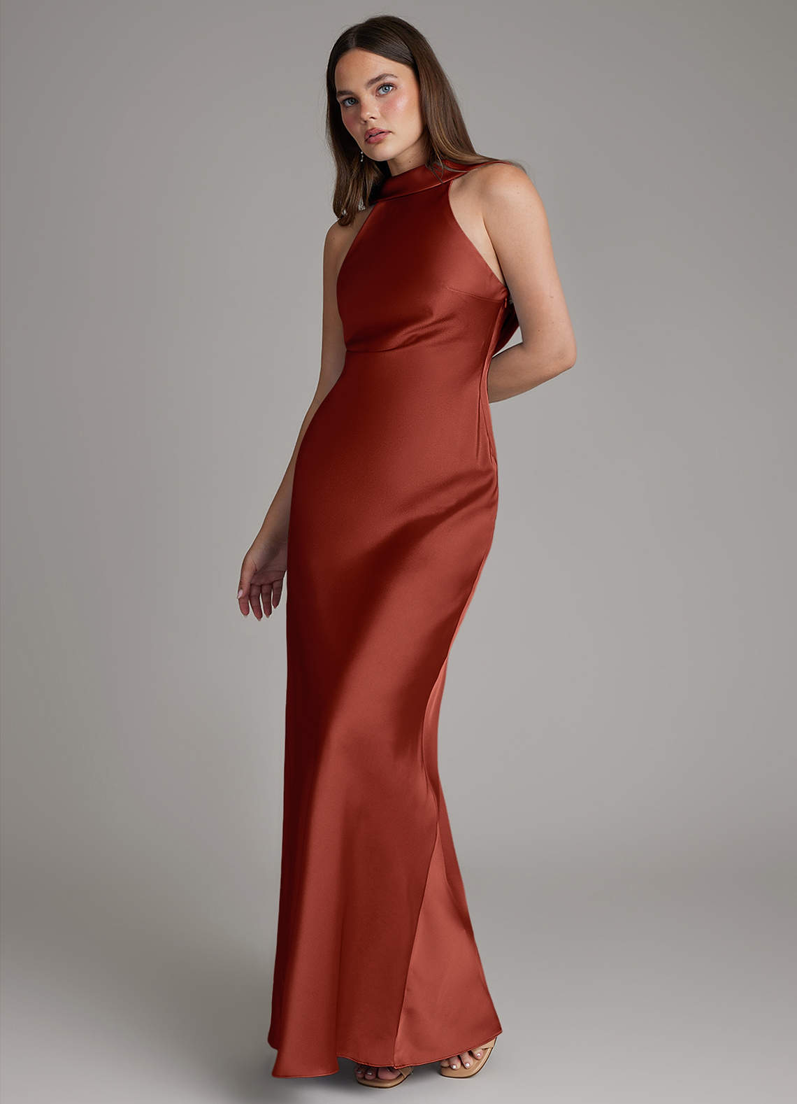 Azazie Dimitra Vestidos de madrinha de casamento Vestido Terracota de Cetim elástico de Linha A com Plissado image5