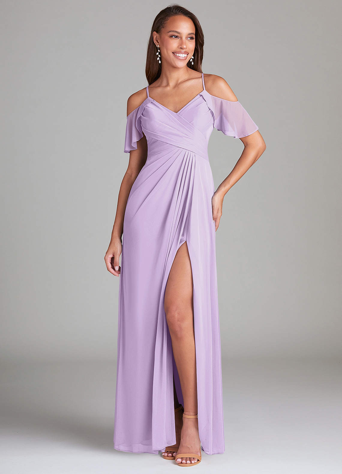 Azazie Dakota Bridesmaid Dresses Lilac A-Line Off the Shoulder Mesh Dress image1