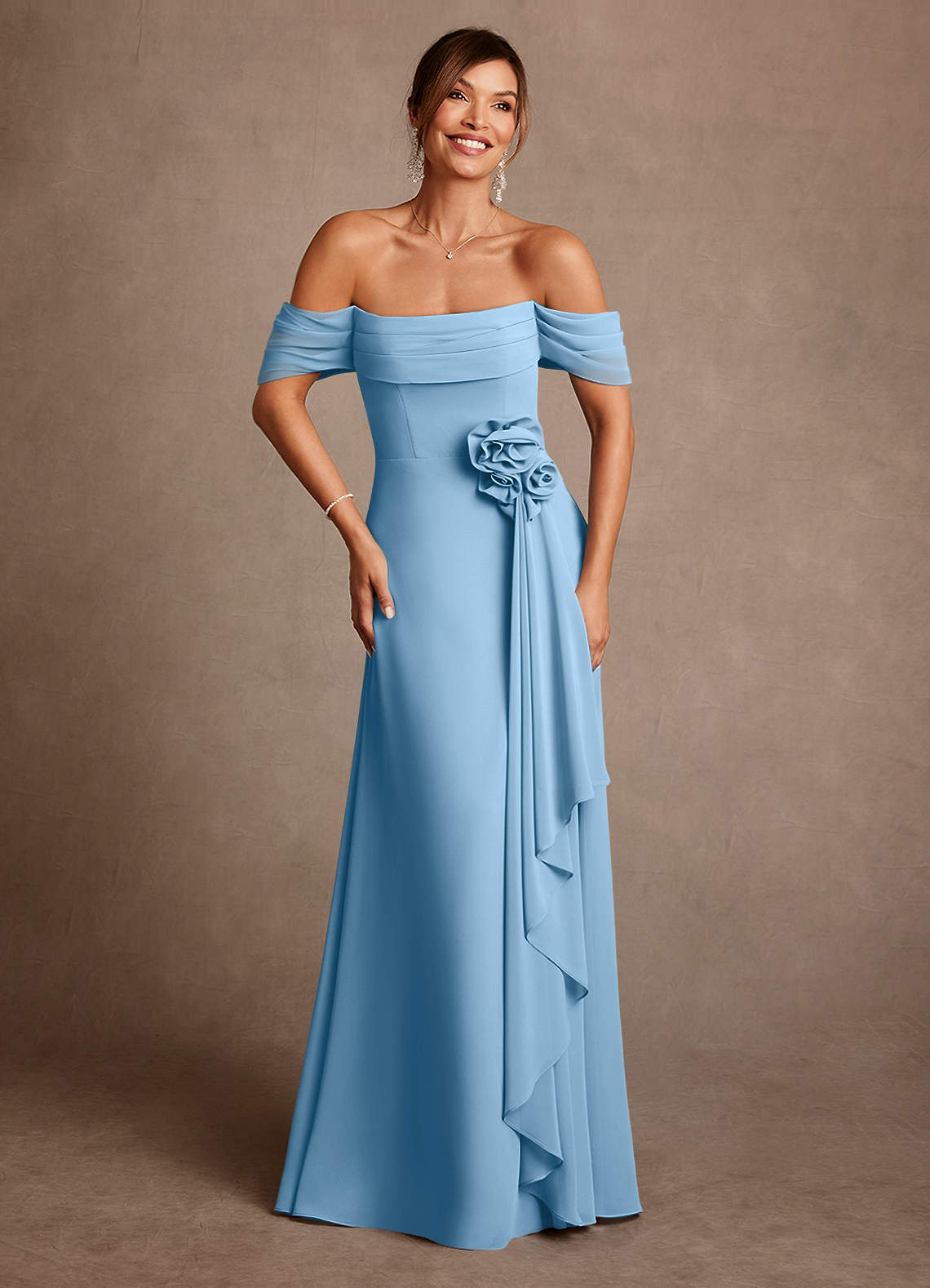 Azazie Amherst 신부의 어머니 드레스 A라인 오프 더 숄더 쉬폰 플로어 길이 드레스 image1