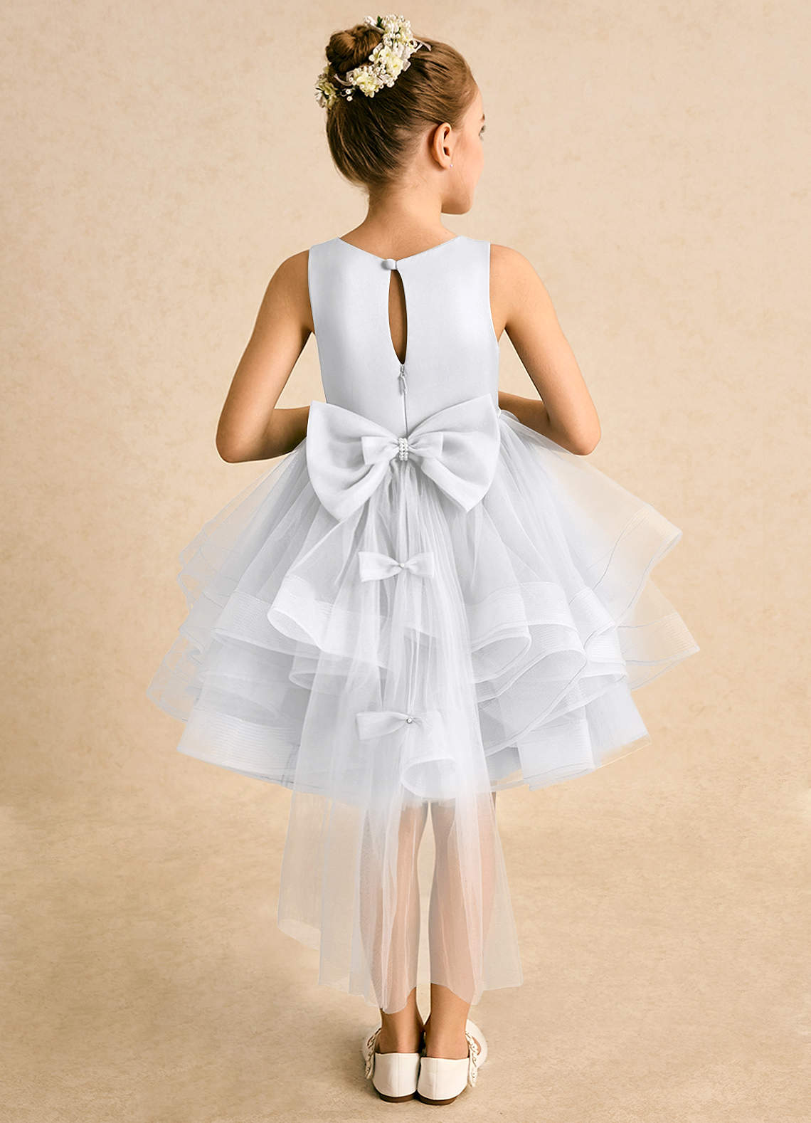 Azazie Tinie Flower Girl Dresses White Ball-Gown Bow Tulle Dress image1