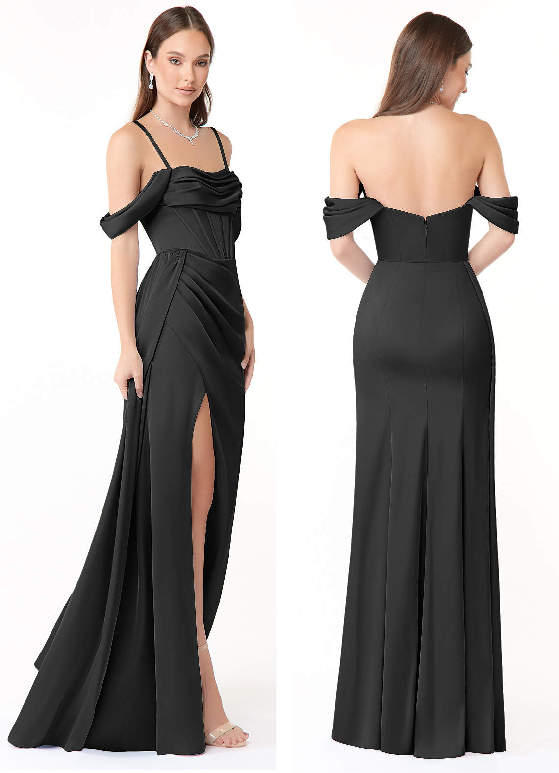 Azazie Amyra Bridesmaid Dresses Black Sheath Off the Shoulder Stretch Satin Convertible Dress image7