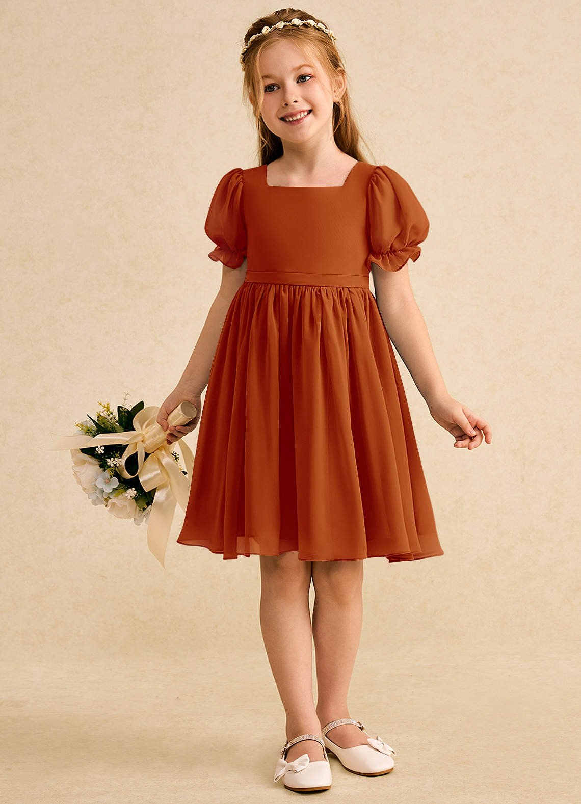 Azazie Jolie Flower Girl Dresses Paprika A-Line with Sleeves Chiffon Dress image3