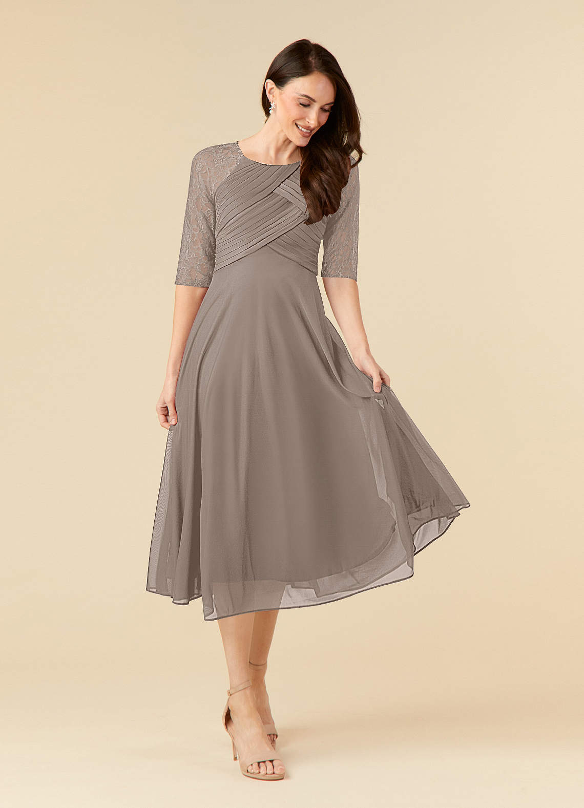 Azazie Gracelyn Mother of the Bride Dresses Taupe A-Line Lace Dress image1
