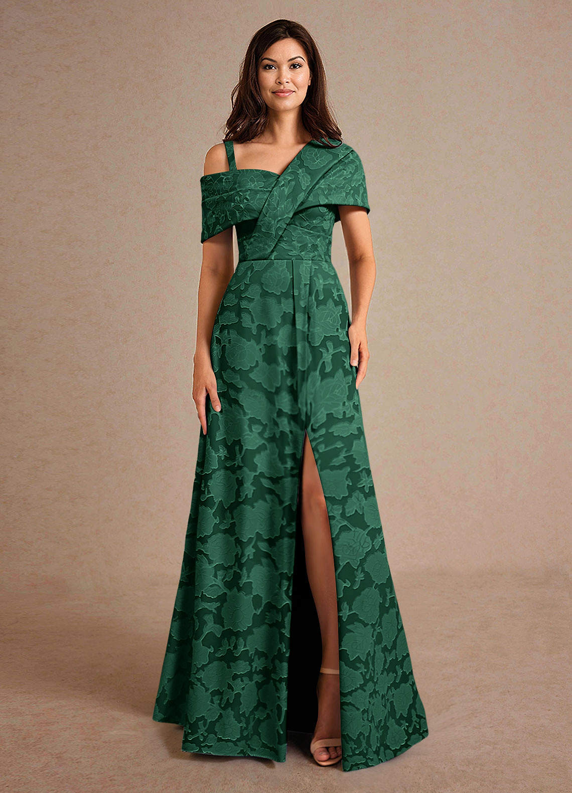Azazie A-Line/Princess Asymmetrical Neckline Floor-Length Floral Burnout Mother of The Bride or Groom Dresses - Dark Green
