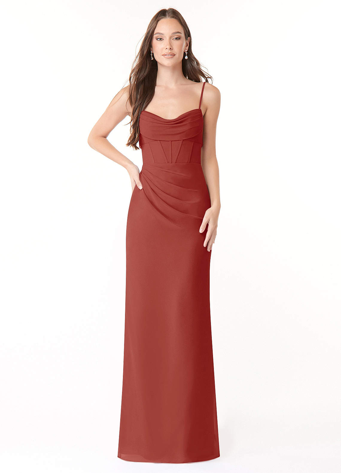 Azazie Mai Bridesmaid Dresses Terracotta Sheath Pleated Chiffon Dress image1