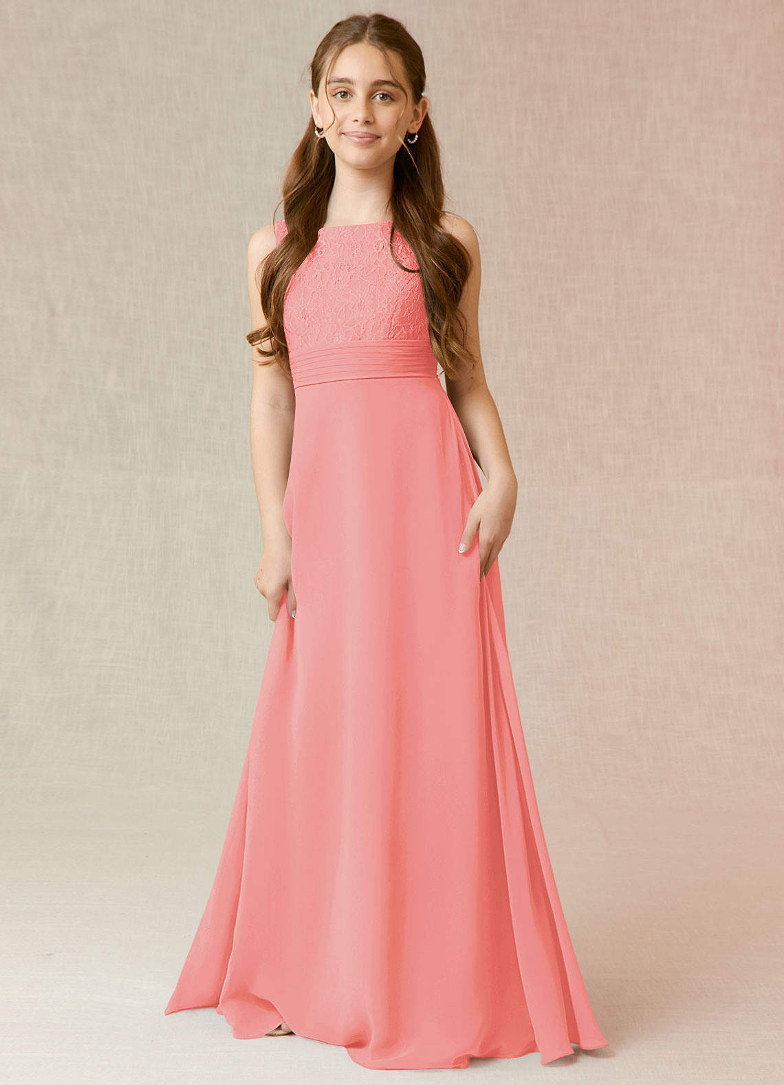 Azazie Snow Junior Coral A-Line Lace Chiffon Dress image1