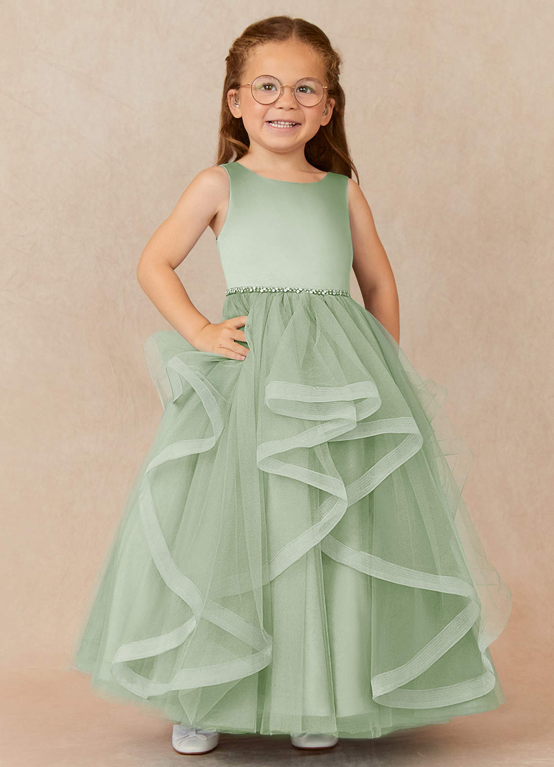 Azazie Sofia Flower Girl Dresses Dusty Sage A-Line Beaded Tulle Dress image1