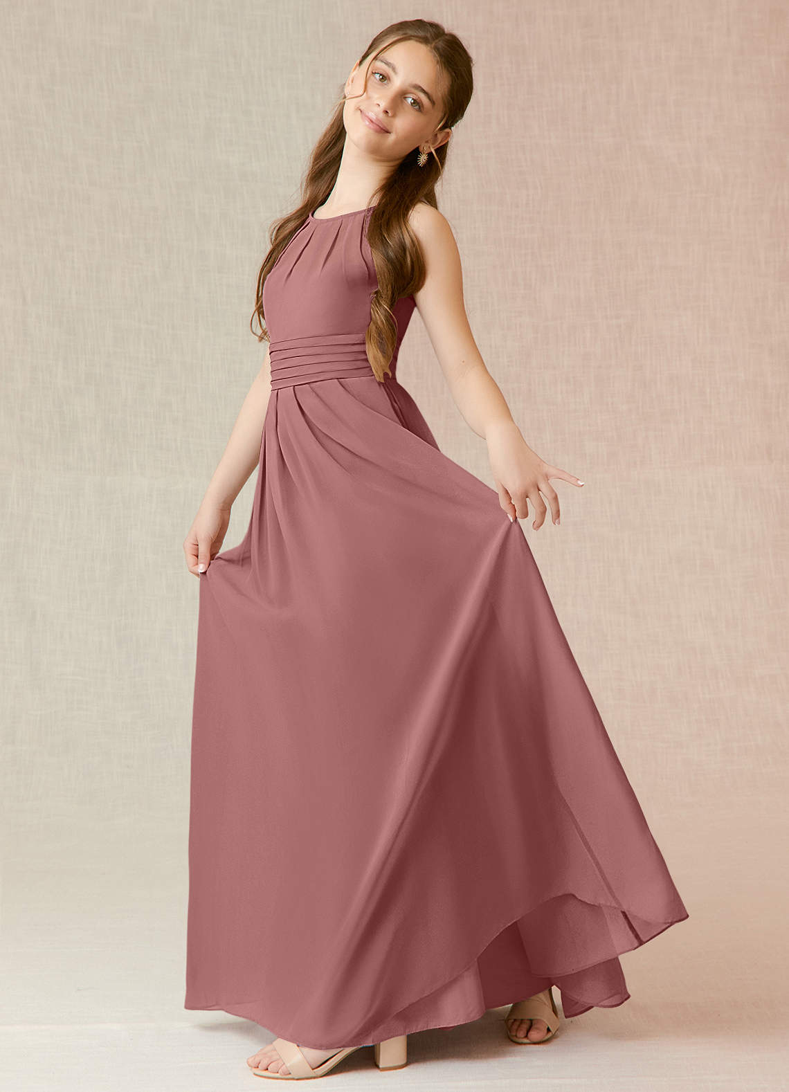 desert rose junior bridesmaid dresses BABARONI Flutter Sleeves A-line Chiffon Junior Bridesmaid Dress Pearl Pink, Pearl Pink / J4 main image 0