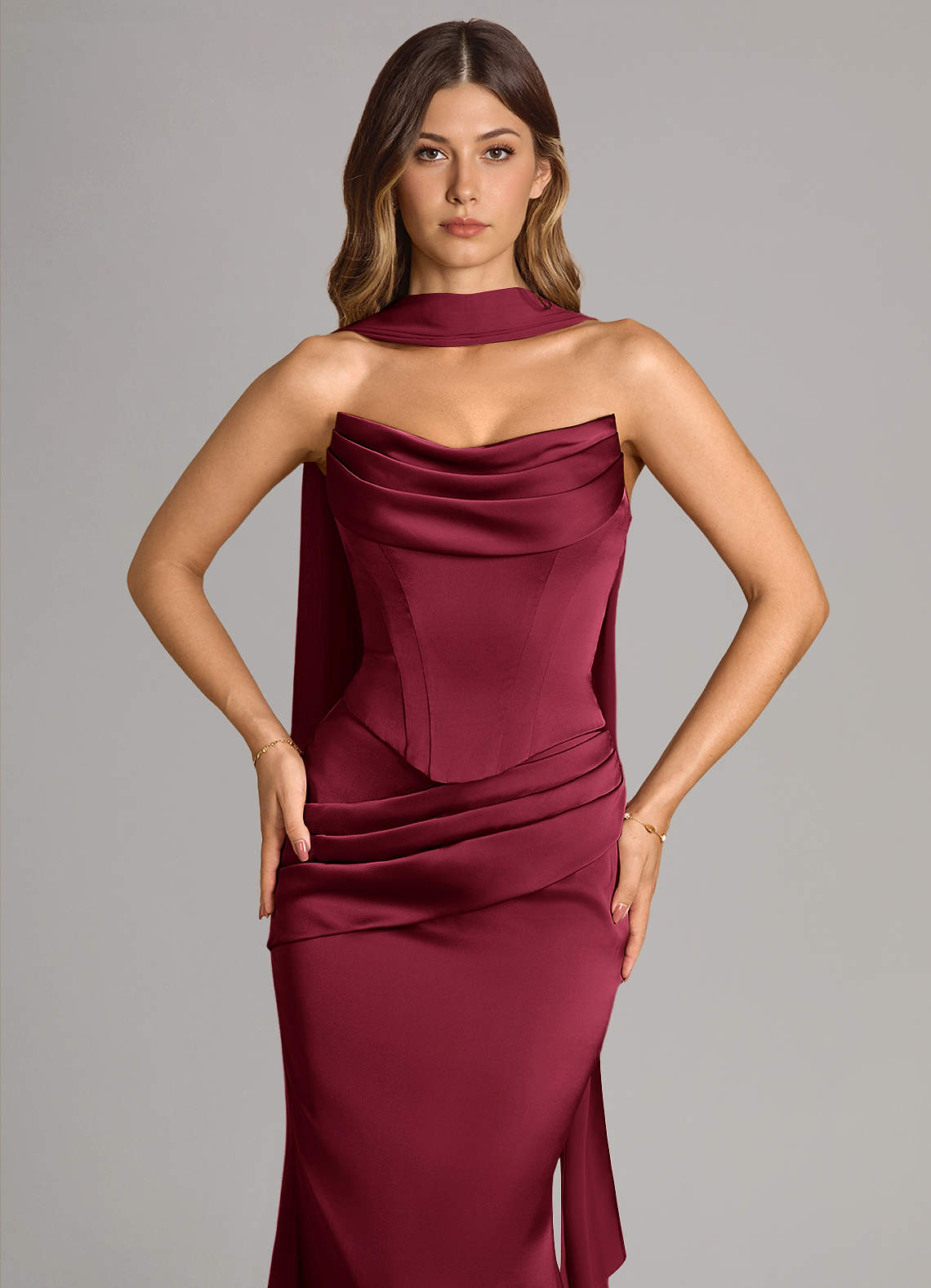 burgundy satin mermaid dress Azazie Strapless Floor-Length Chiffon Bridesmaid Dresses dark maroon prom dress