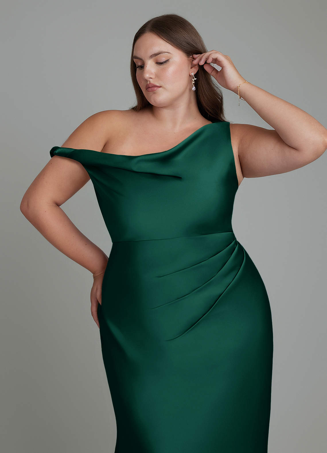 Azazie Emerson At-home Try On Dresses Emerald Mermaid Off the Shoulder Stretch Satin Dress image12