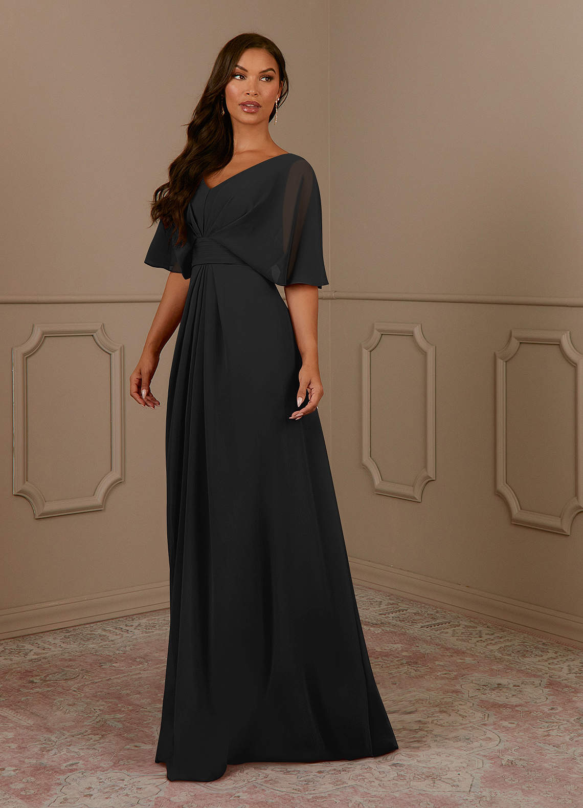 Azazie Oksana Mother of the Bride Dresses Black A-Line V-Neck Pleated Chiffon Dress image1