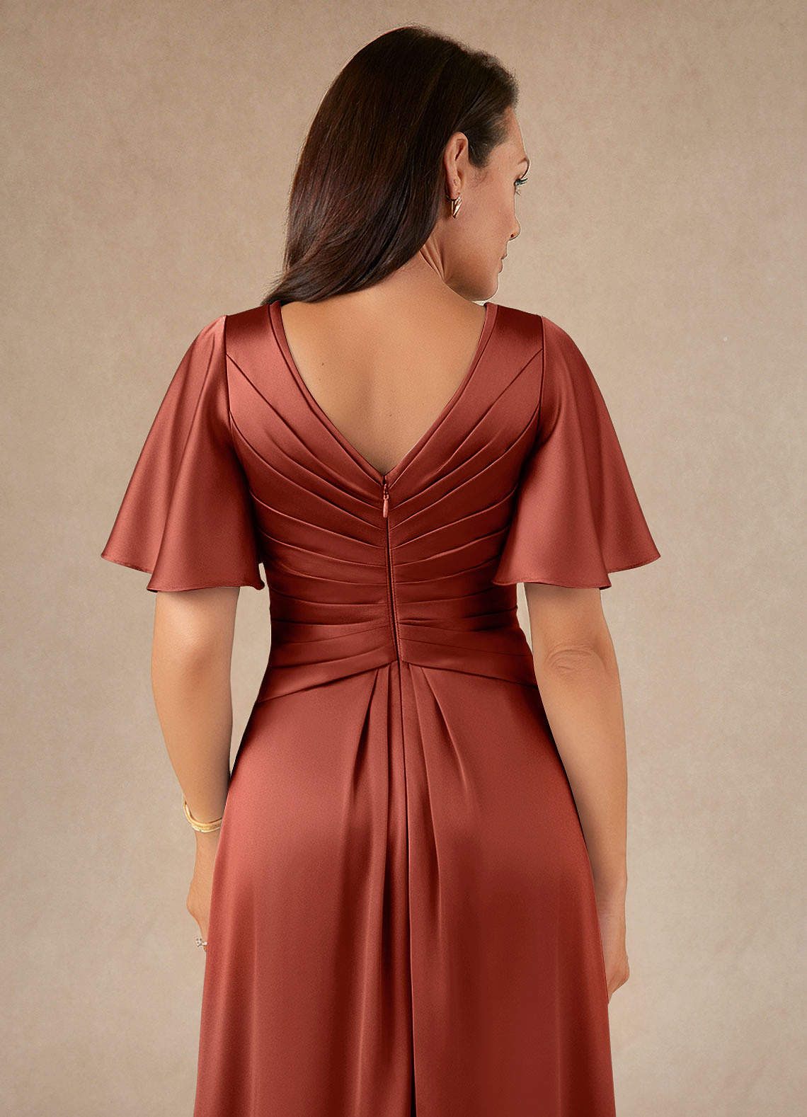 Azazie Emmeline Mère de la mariée Robes Robe Trapèze en Satin extensible Plissée Terracotta image3
