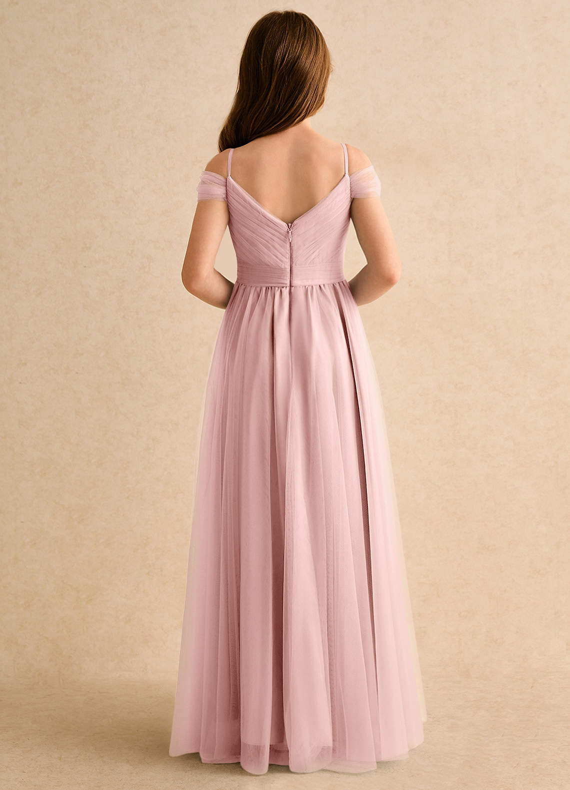 Azazie Yuna Girls Formal Abiti da Ragazza di Fiori Abito A-Line in Tulle Spalle Scoperte Rosa Cipria image1