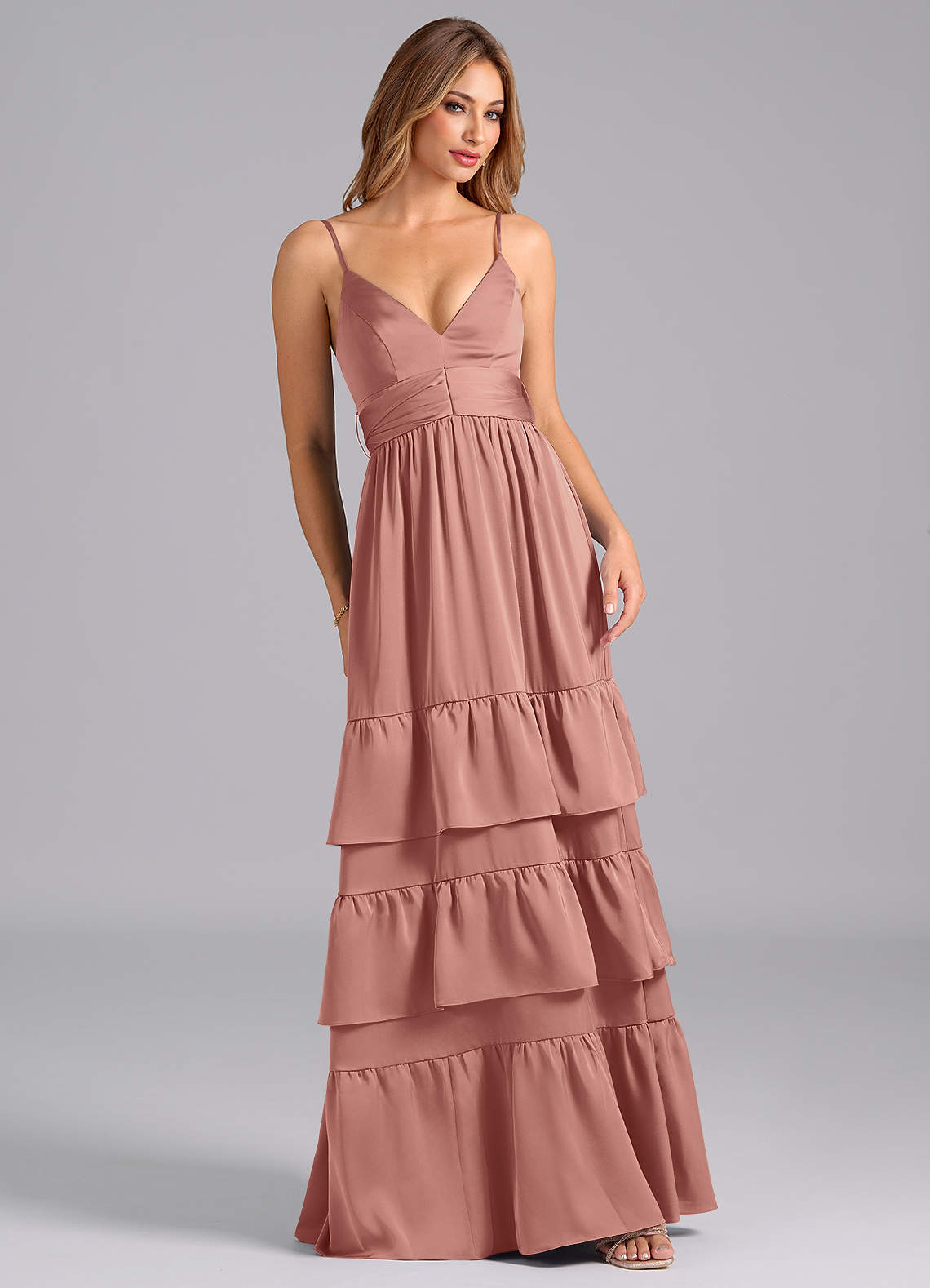 Azazie Nathalia Bridesmaid Dresses Rosette A-Line Pleated Stretch Satin Dress image1