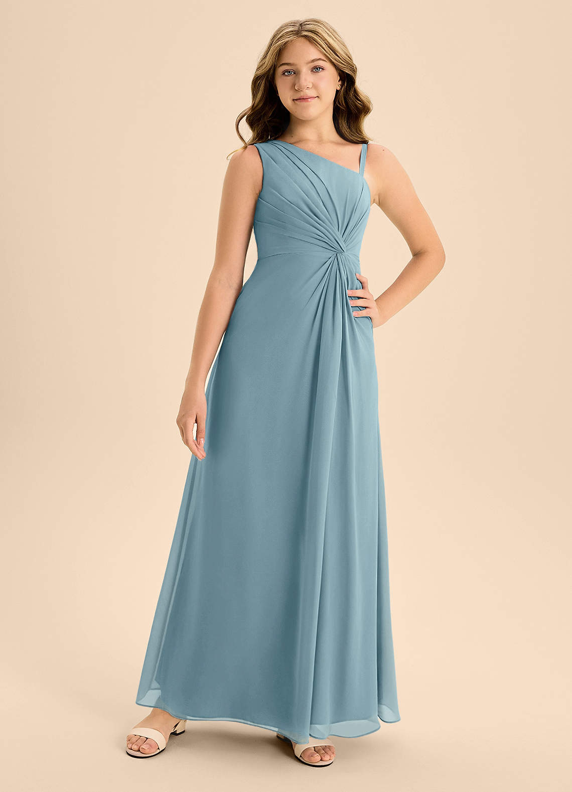 Azazie Brooke Junior Abito A-Line in Chiffon Spacco Laterale Blu Lunatico image3