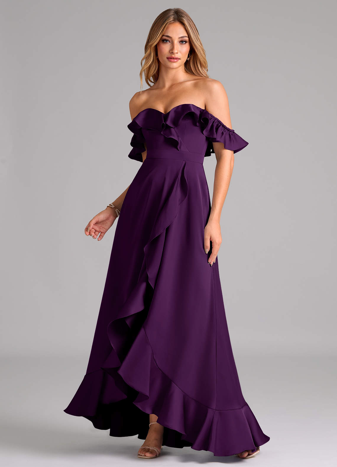 Azazie Lyra Bridesmaid Dresses Grape A-Line Off the Shoulder Stretch Satin Convertible Dress image1