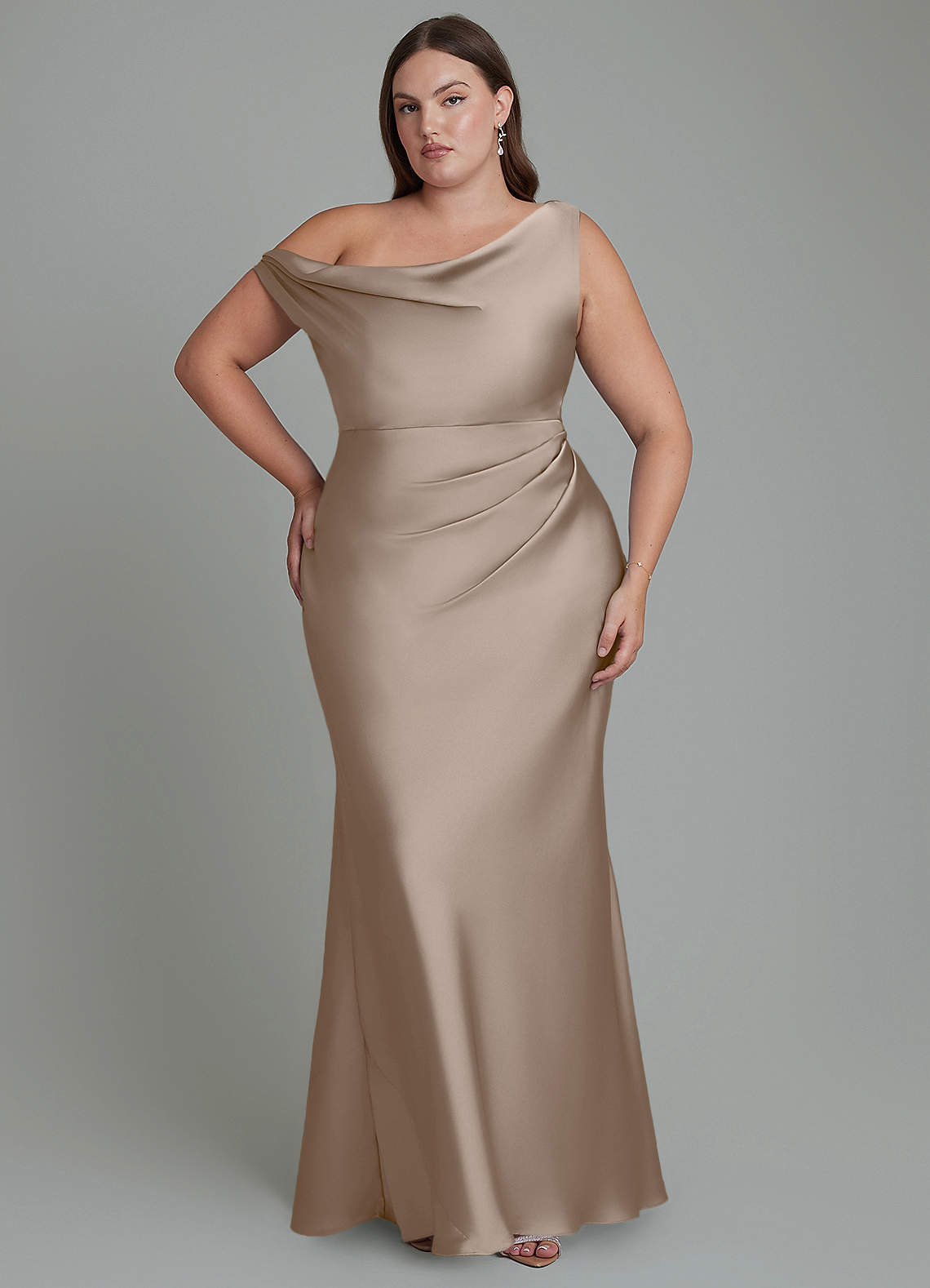 Azazie Emerson Bridesmaid Dresses Taupe Mermaid Off the Shoulder Stretch Satin Dress image1