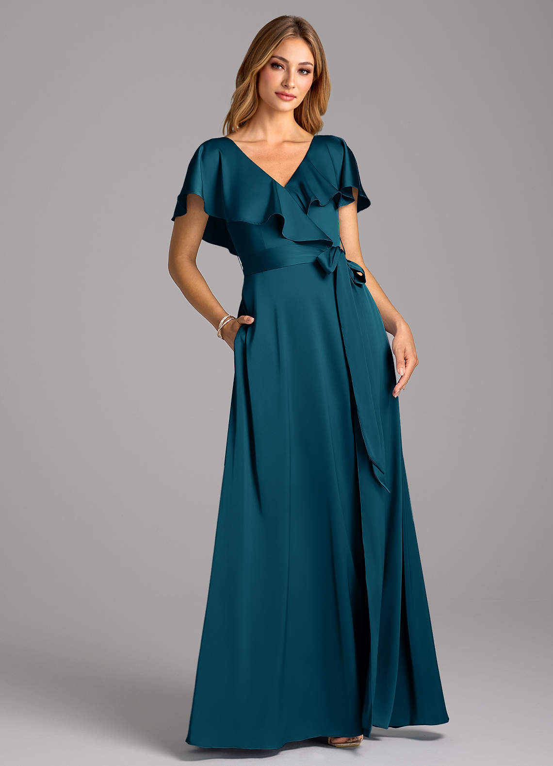 Azazie Lainey Robes de demoiselle d'honneur Robe Trapèze en Satin extensible avec poches Bleu Encre image1