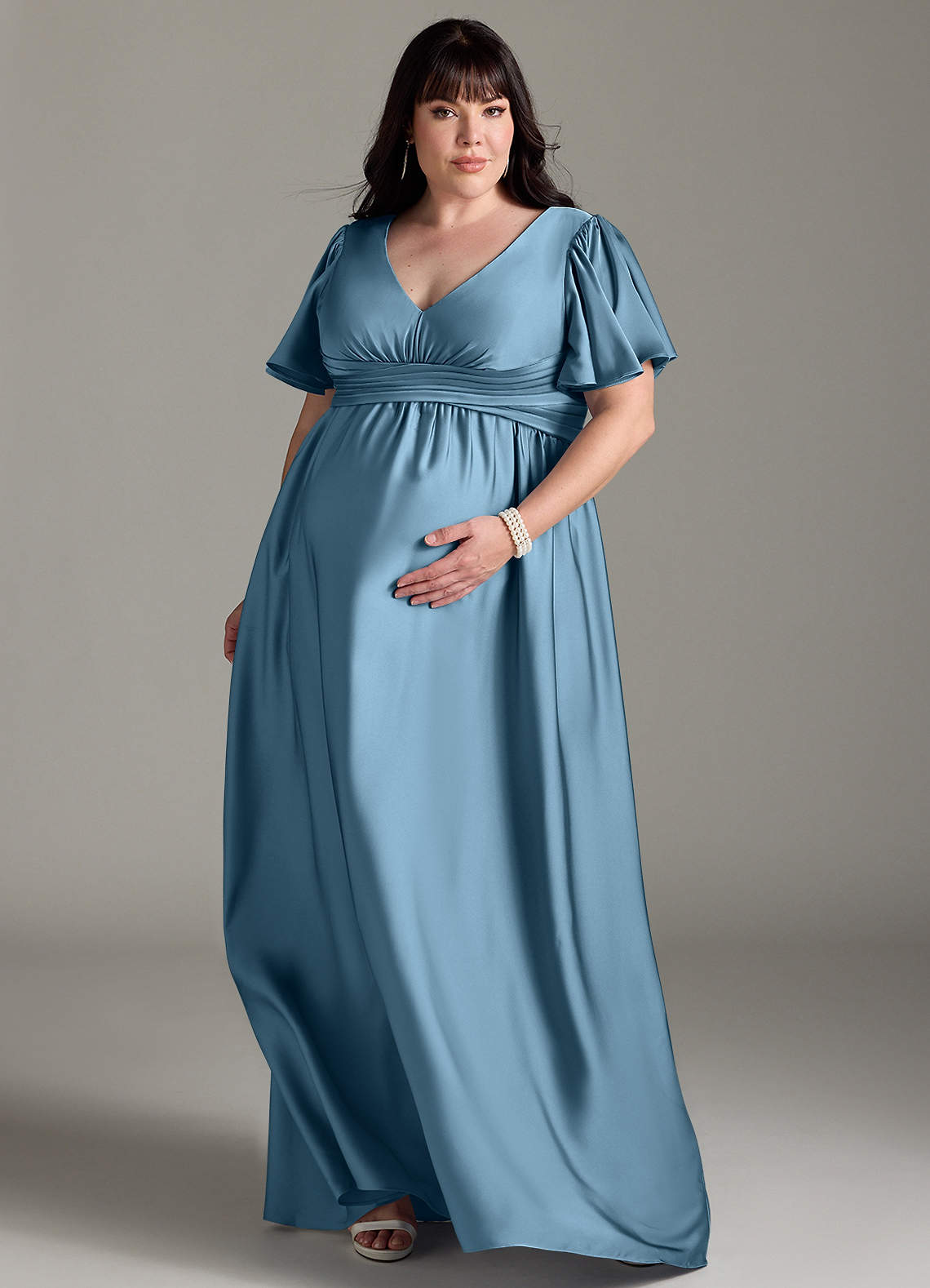 Azazie Verna Maternity Bridesmaid Dresses A-Line Ruched Stretch Satin Floor-Length Dress image8
