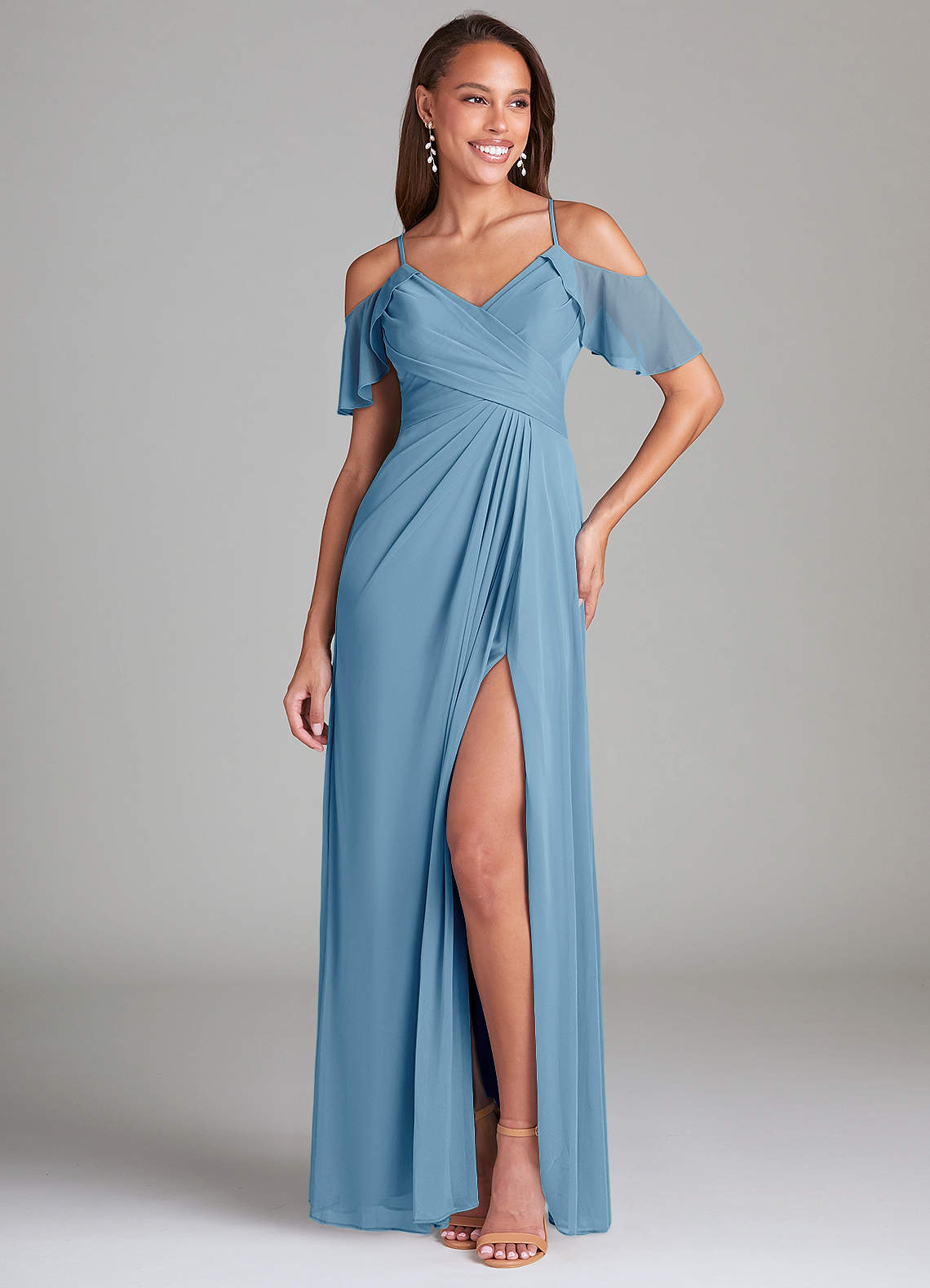 Azazie Dakota Bridesmaid Dresses Steel Blue A-Line Off the Shoulder Mesh Dress image1