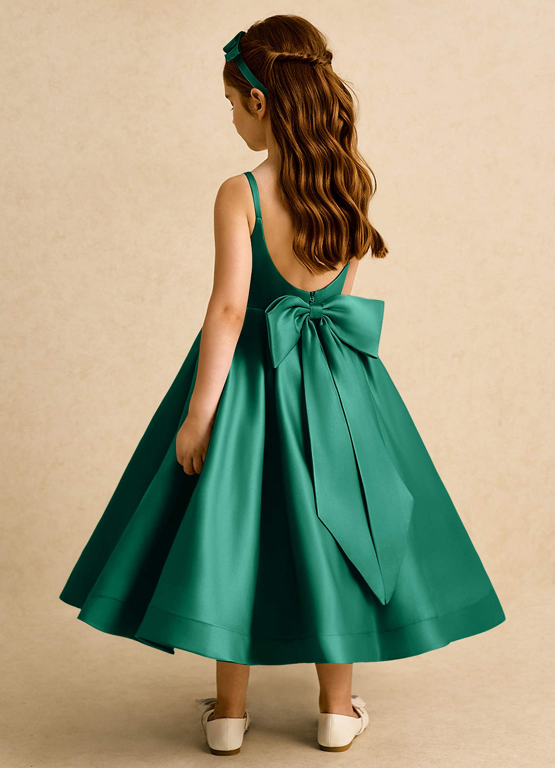 Azazie Babs Blumenmädchenkleider Ballkleid Plissee Matte Satin Kleid Smaragd image1