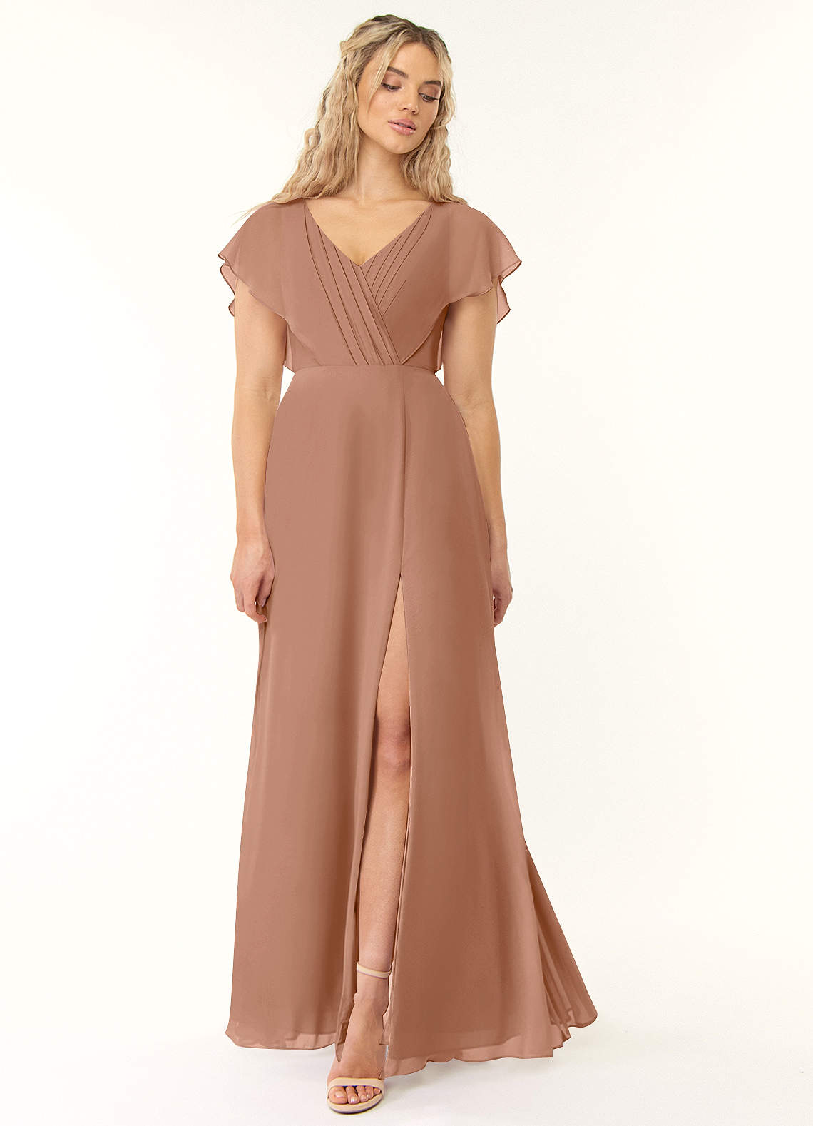 Azazie Rylee Robes de demoiselle d'honneur Robe Trapèze en Mousseline de soie Plissée Champagne Rosé image1