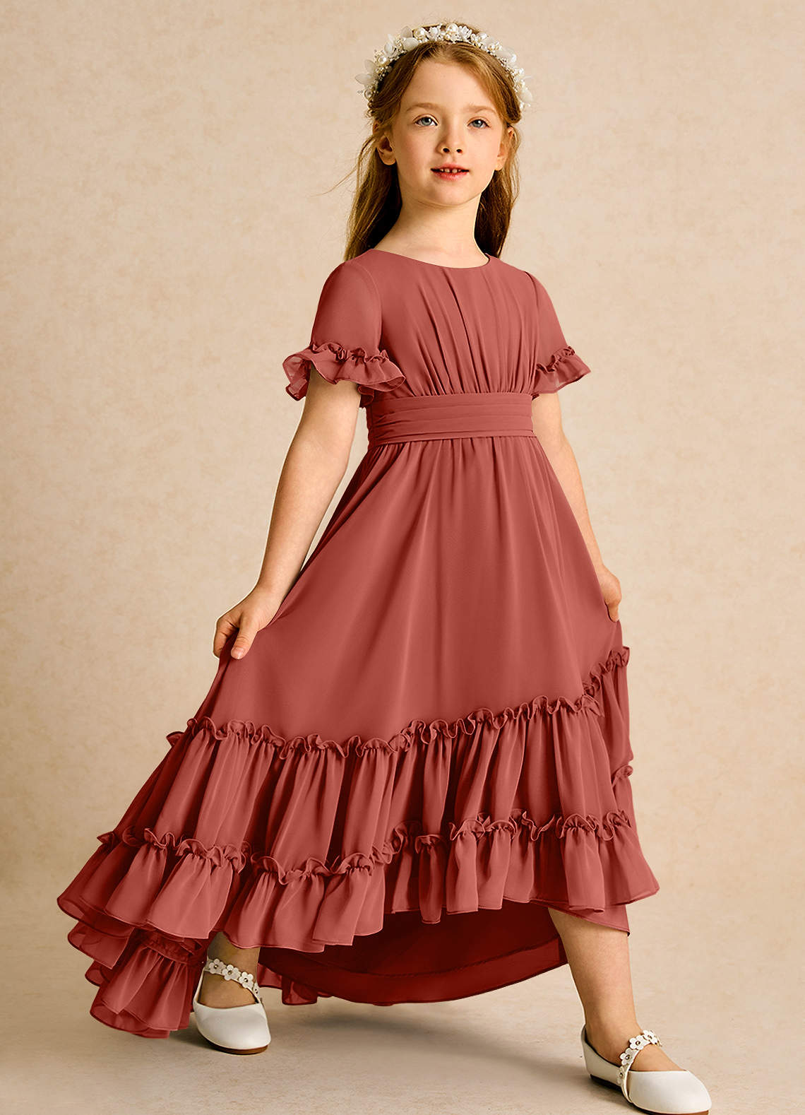 Azazie Kass Blumenmädchenkleider A-Linie Plissee Chiffon Kleid Terrakotta image1