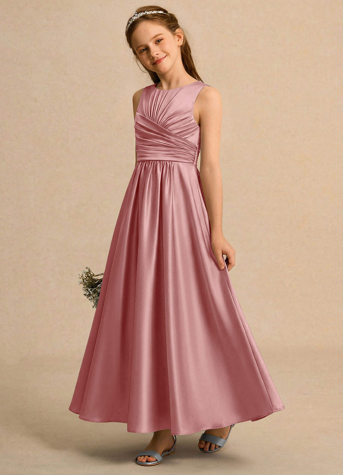 Azazie Ducky Girls Formal Sukienki dla dziewczynek sypiących kwiaty Linia A Pofałdowany Satyna elastyczna Długość kostki Sukienka image2
