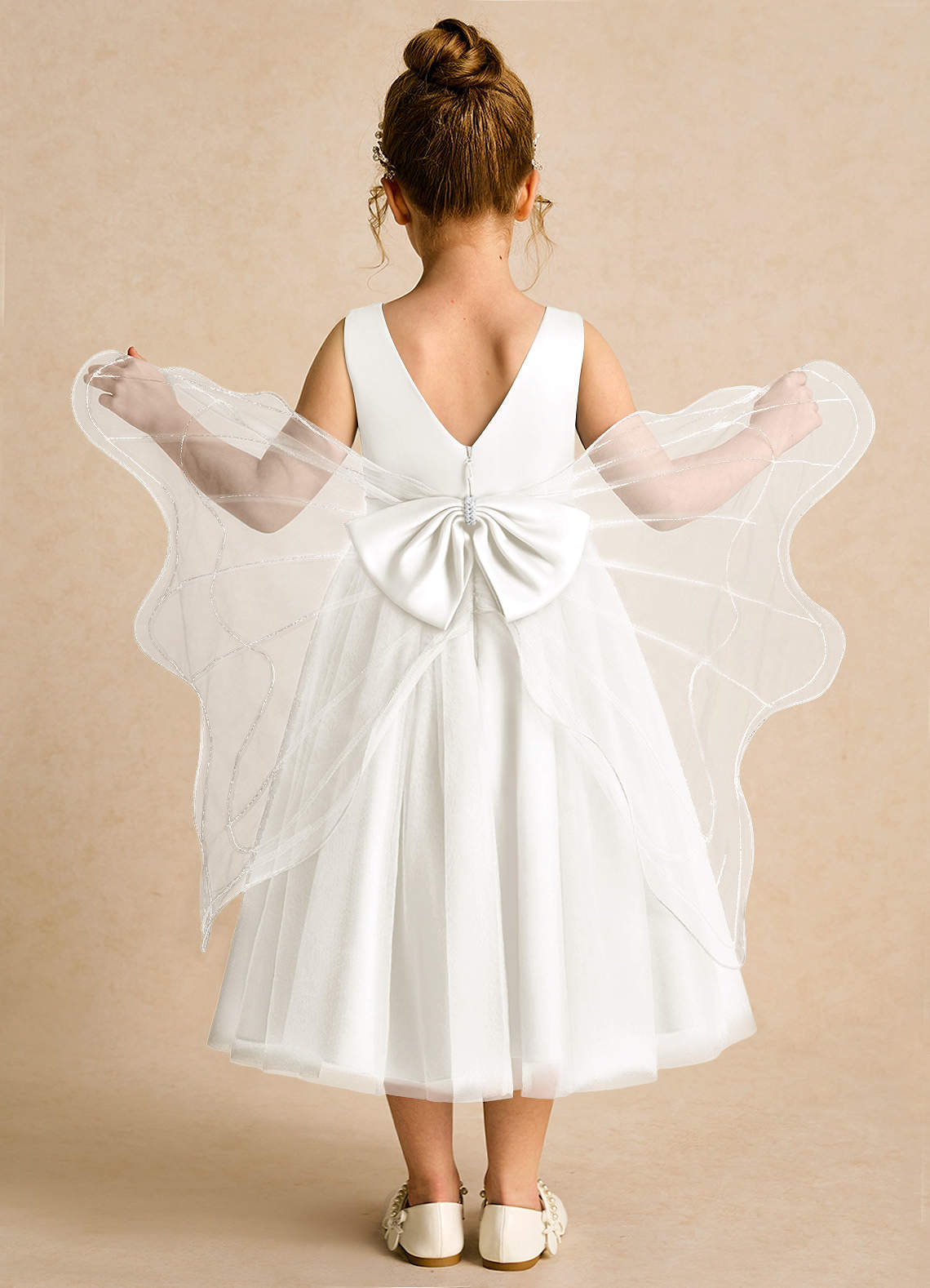 Azazie Pear Blumenmädchenkleider Ballkleid Schleifen Tüll Kleid Elfenbein image1