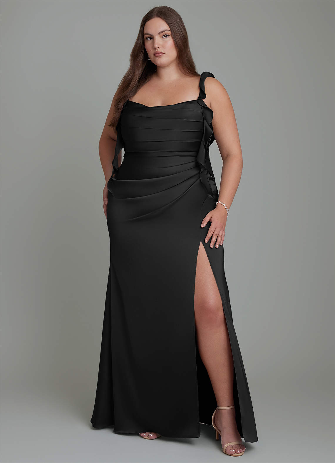 Azazie Jessamine Bridesmaid Dresses Black Sheath Corset Stretch Satin Dress image7